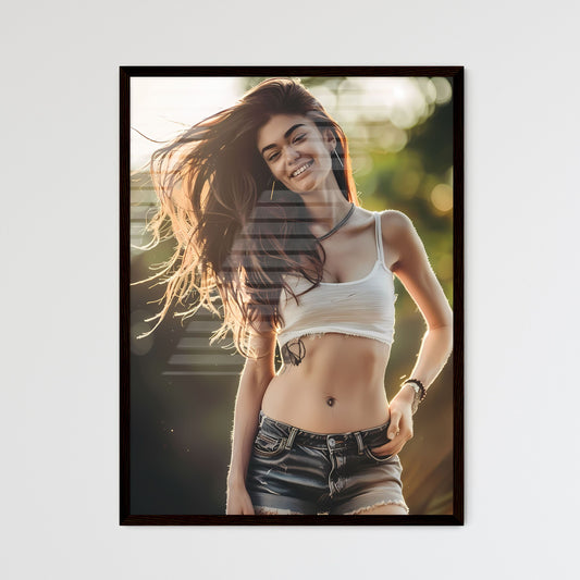Vibrant Art Painting of Woman in White Tank Top and Black Shorts, Long Hair, Focus on Detail and Style Default Title