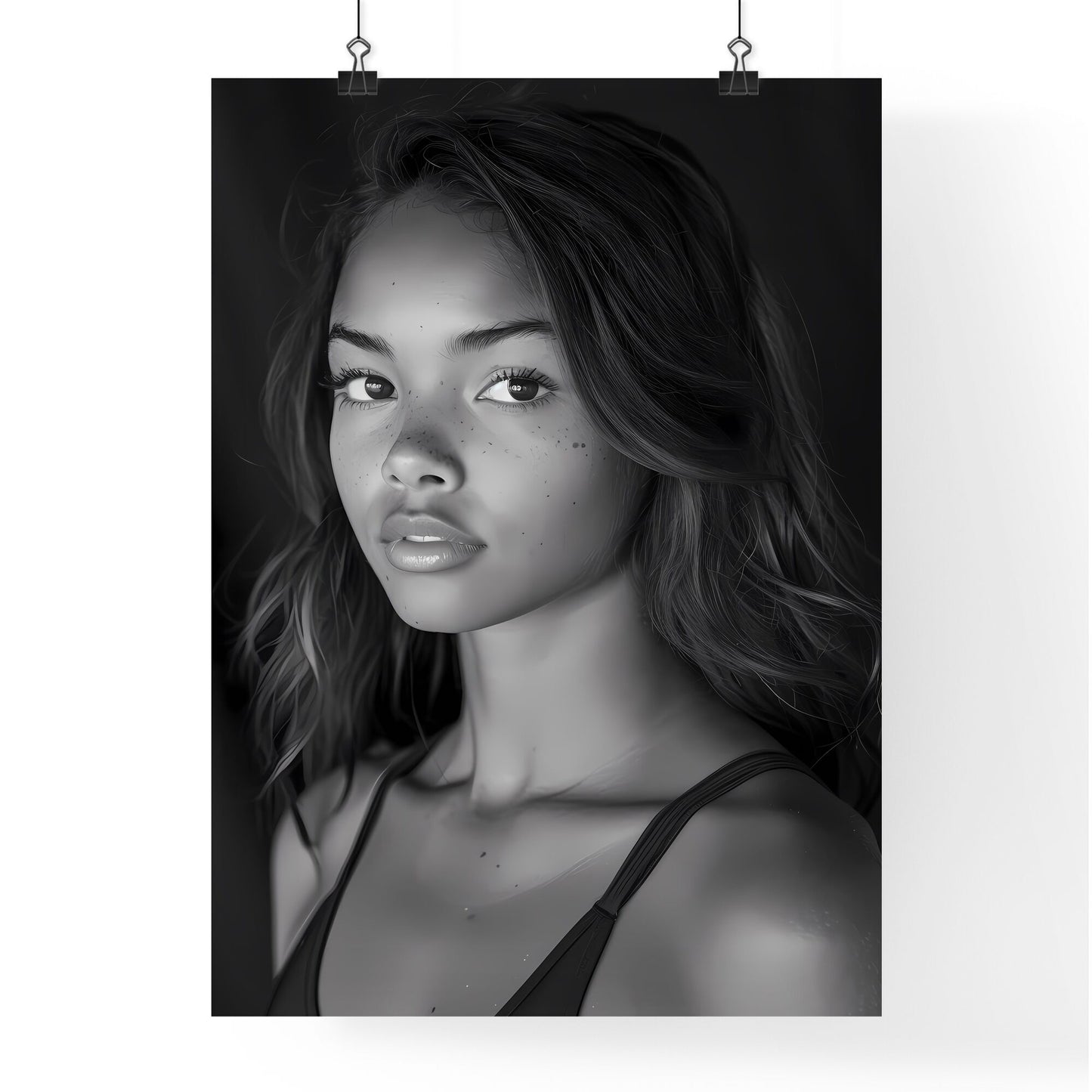 Black and white portrait photography of a female model with intricate details, standing pose, full-body, realistic painting, black swimwear, cinematic back lighting - long hair, freckles, modern art Default Title