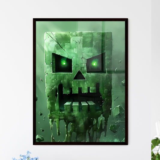 Minecraft Style Stone Face Cartoon T-Shirt Design in New York School Gadgetpunk Text-Based Future Tech Chromatic Animated Gifs Creepypasta Green Background Default Title