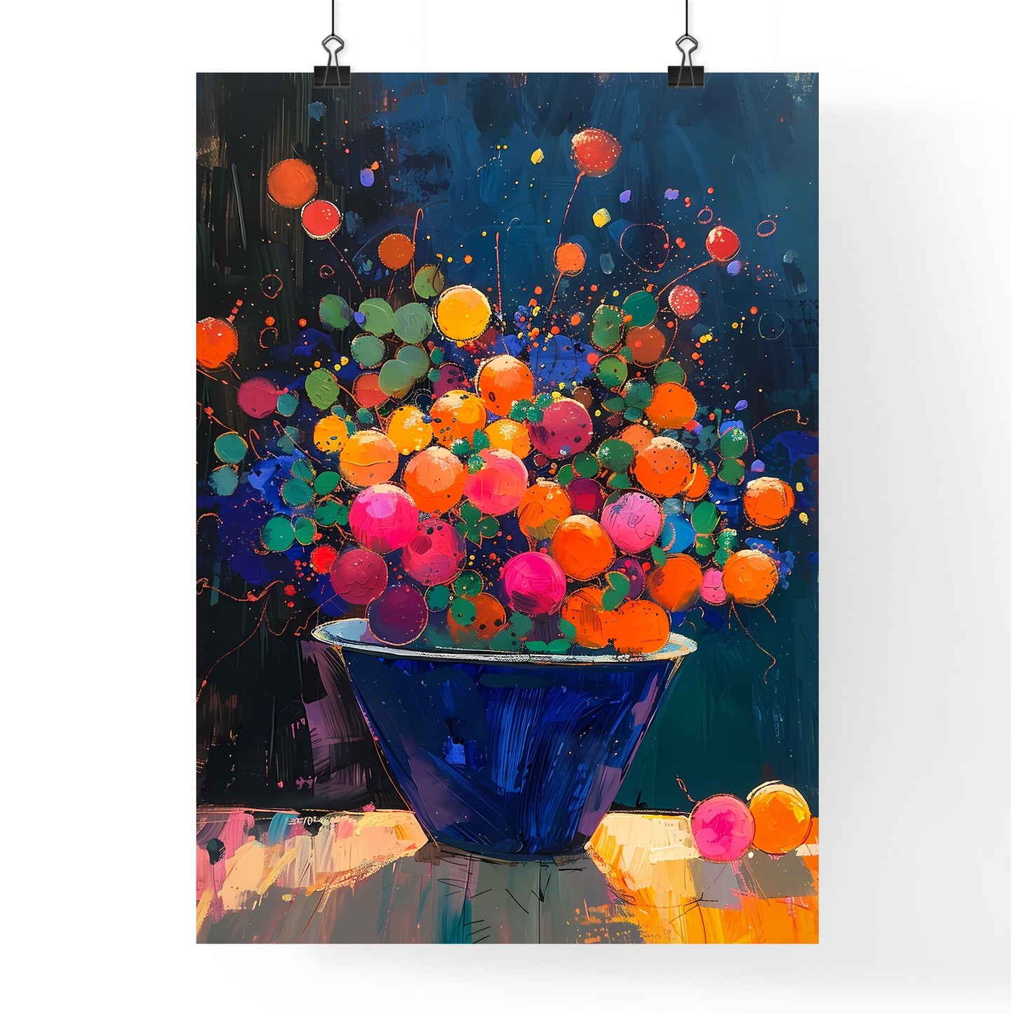 Abstract Fruit Bowl: Whimsical Multimedia Painting with Vibrant Colors and Kid-Like Elements Inspired by Zaire School of Popular Painting Default Title