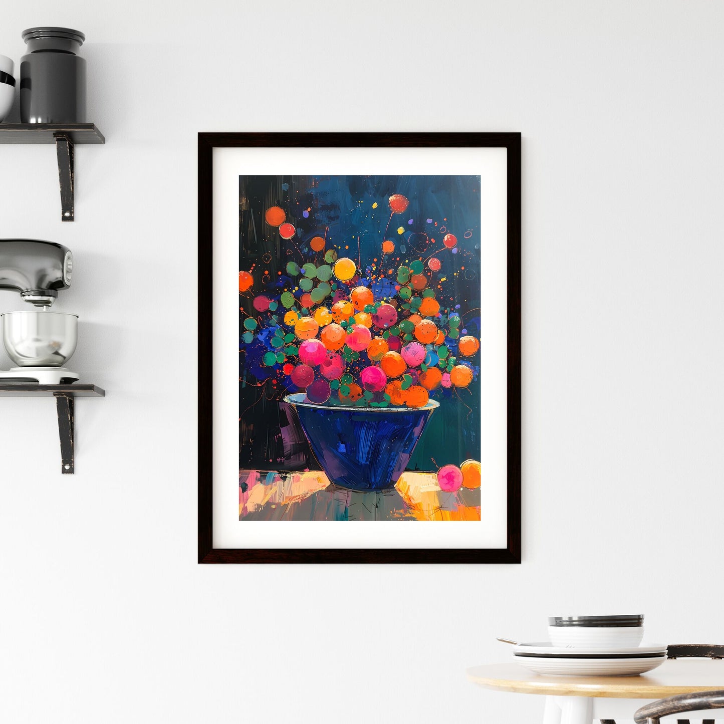 Abstract Fruit Bowl: Whimsical Multimedia Painting with Vibrant Colors and Kid-Like Elements Inspired by Zaire School of Popular Painting Default Title