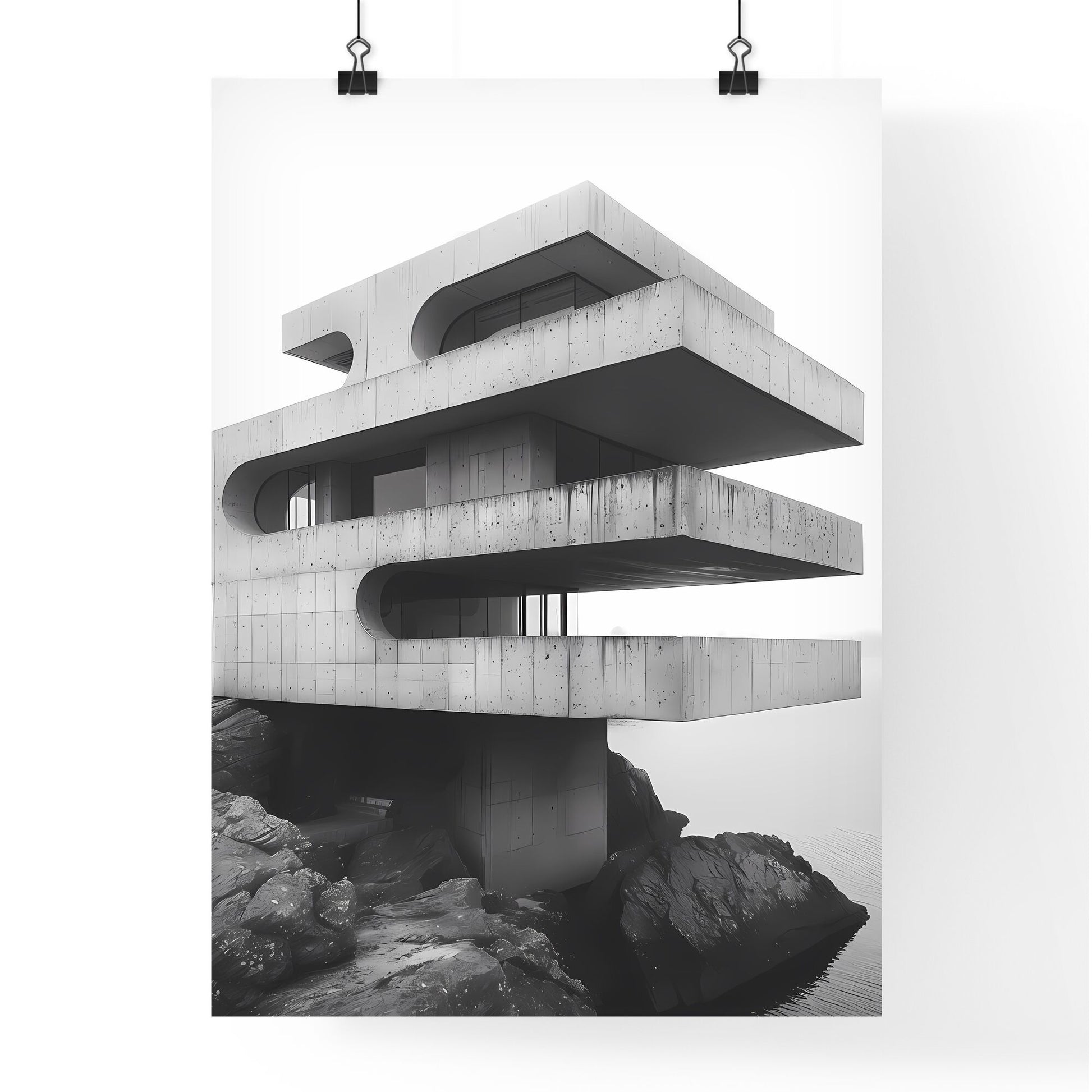 Artistic depiction of a grand high-end architecture with black and white tones on a clean isolated background - a contemporary painting of a house with a sky Default Title