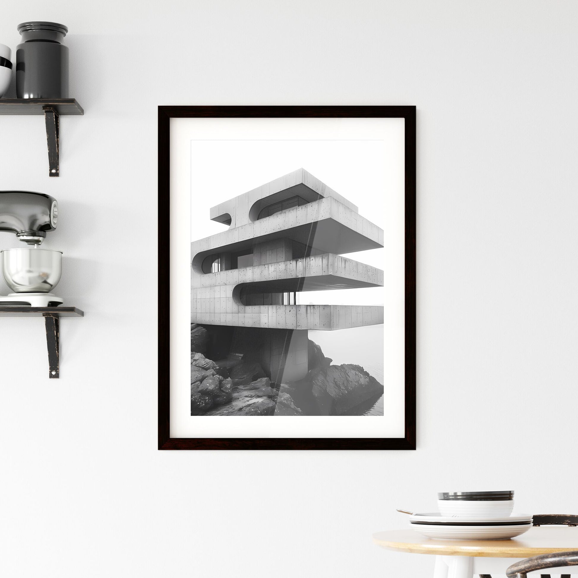 Artistic depiction of a grand high-end architecture with black and white tones on a clean isolated background - a contemporary painting of a house with a sky Default Title