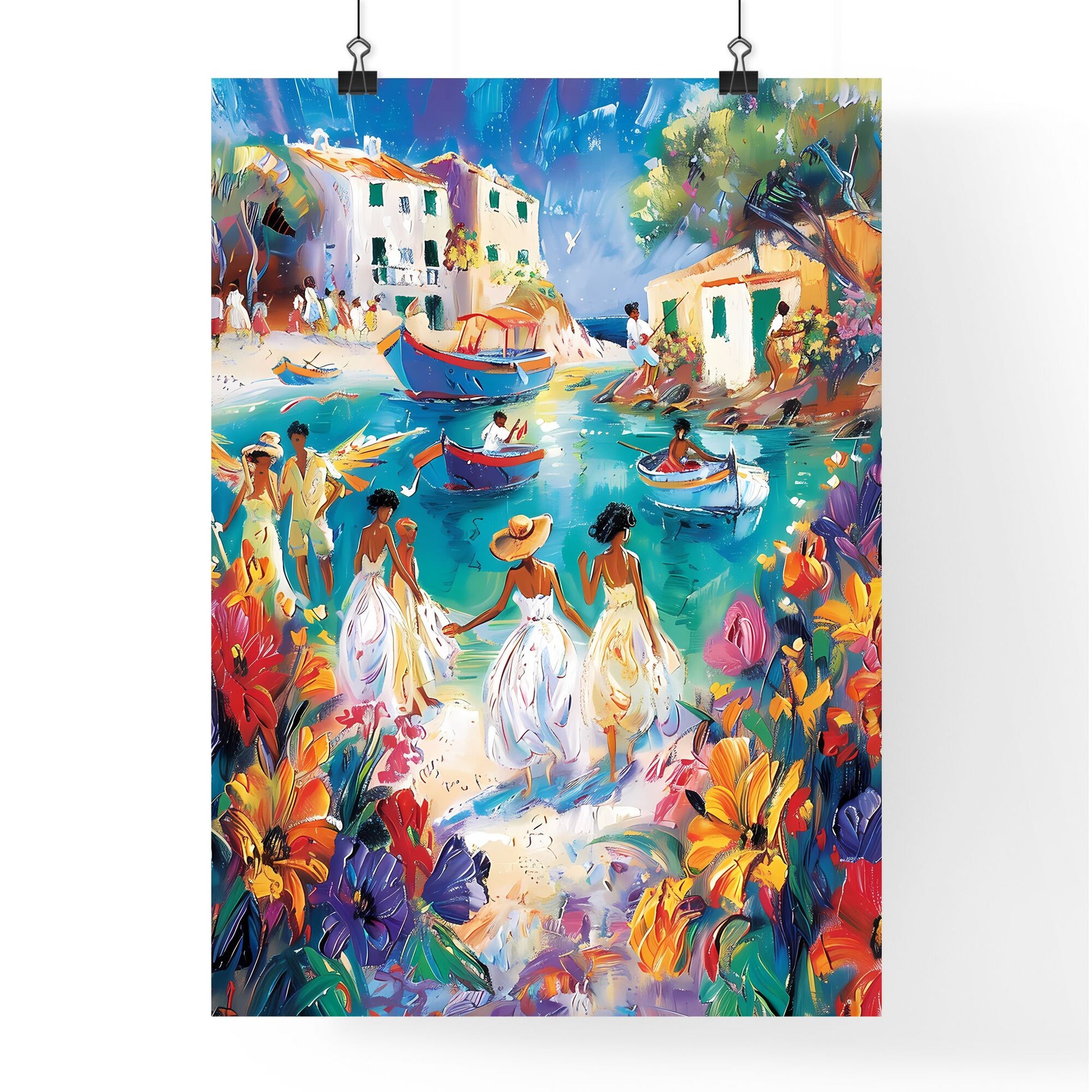 Enchanting Italian Seaside Village Painting: Colorful Houses, Azure Waters, and Lively Locals Default Title