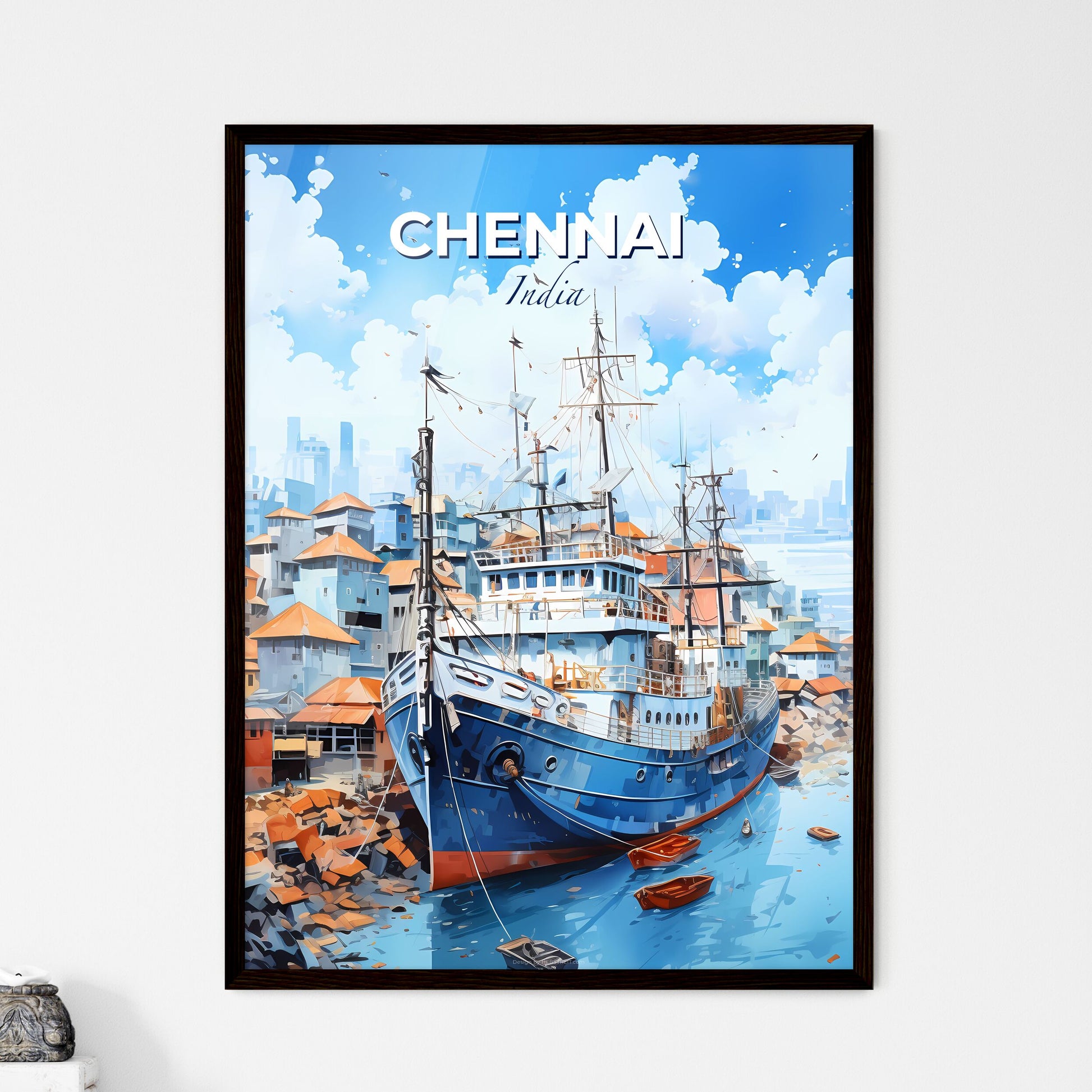 Chennai India Skyline Panoramic Painting Ship Watercolor Canvas Artwork Cityscape Default Title