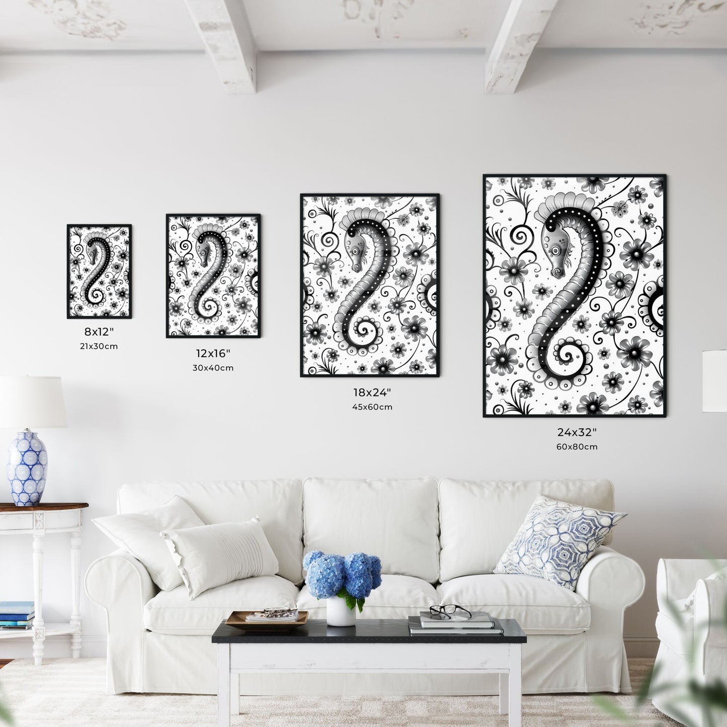 Whimsical Black and White Kid-Themed Art Painting Background with Flowers and Seahorse Default Title
