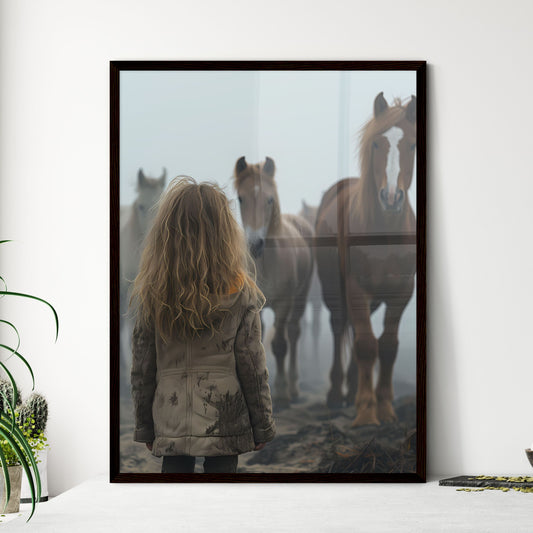 Cinematic painting of a 9-year-old girl playing with horses in a foggy desert, full-body shot, vibrant colors, art focus Default Title