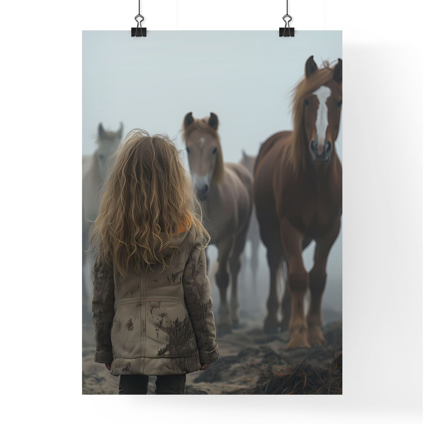 Cinematic painting of a 9-year-old girl playing with horses in a foggy desert, full-body shot, vibrant colors, art focus Default Title