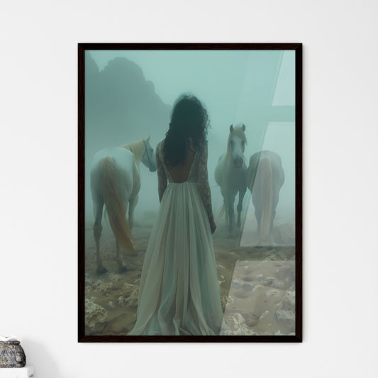 Enchanting Scene: Artistic Full Body Shot of 9-Year-Old Girl Playfully Engaging with Horses amidst a Aesthetic Fog in Sand Desert Default Title