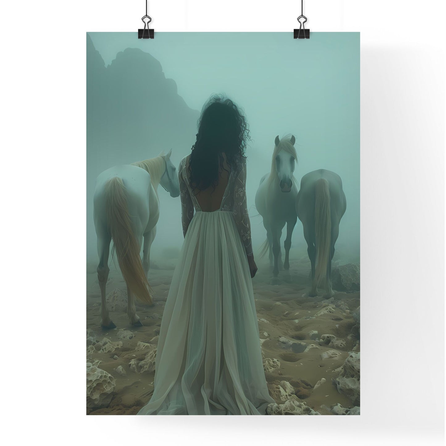 Enchanting Scene: Artistic Full Body Shot of 9-Year-Old Girl Playfully Engaging with Horses amidst a Aesthetic Fog in Sand Desert Default Title