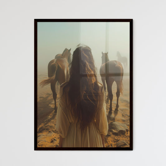 Artful Cinematic Portrait of a Young Equestrian Girl Amidst Steeds in a Misty Desert Landscape Default Title
