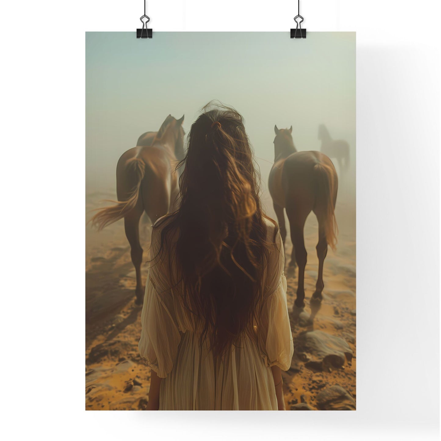 Artful Cinematic Portrait of a Young Equestrian Girl Amidst Steeds in a Misty Desert Landscape Default Title