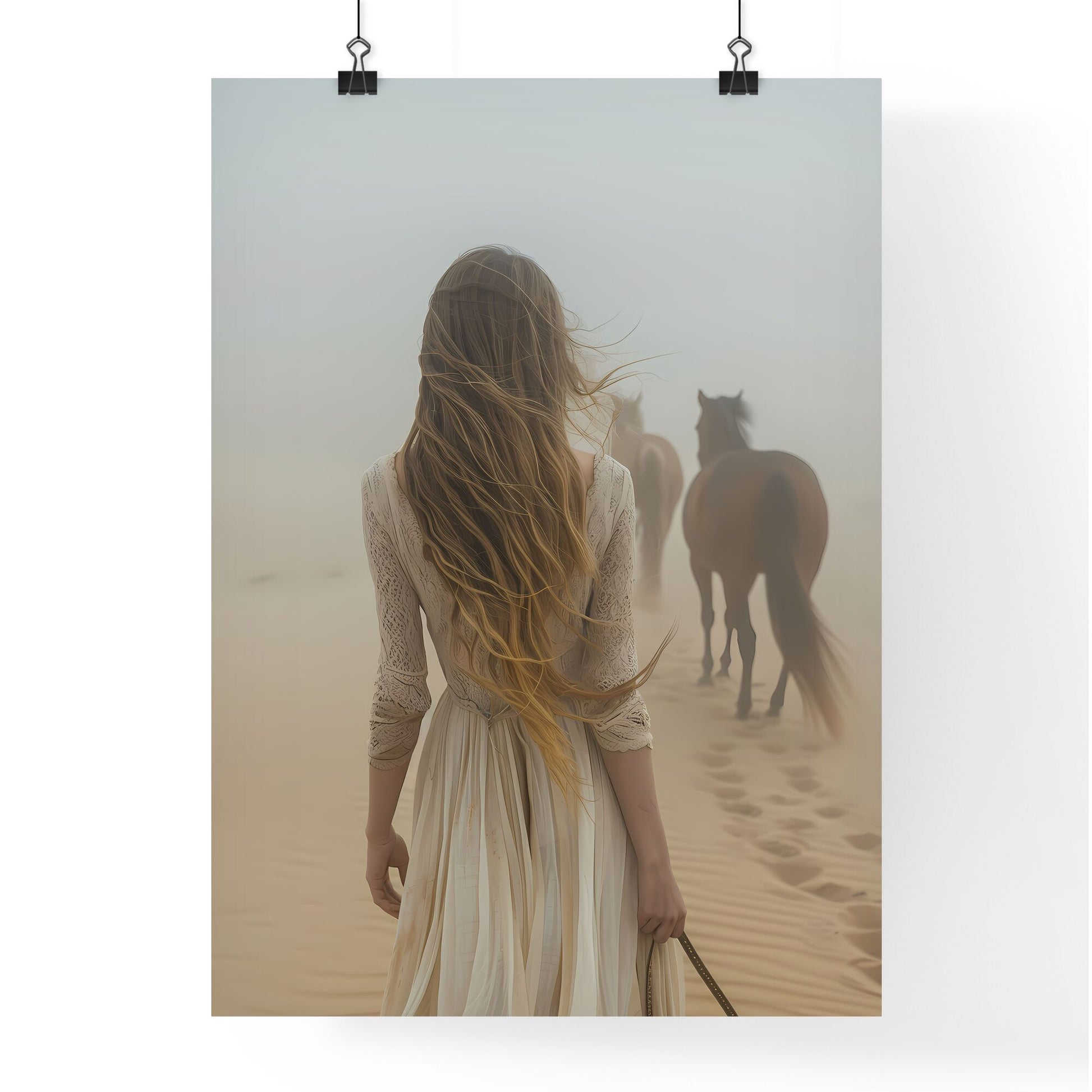 Expressive woman and horses in desert sunrise landscape, acrylic painting, digital art Default Title
