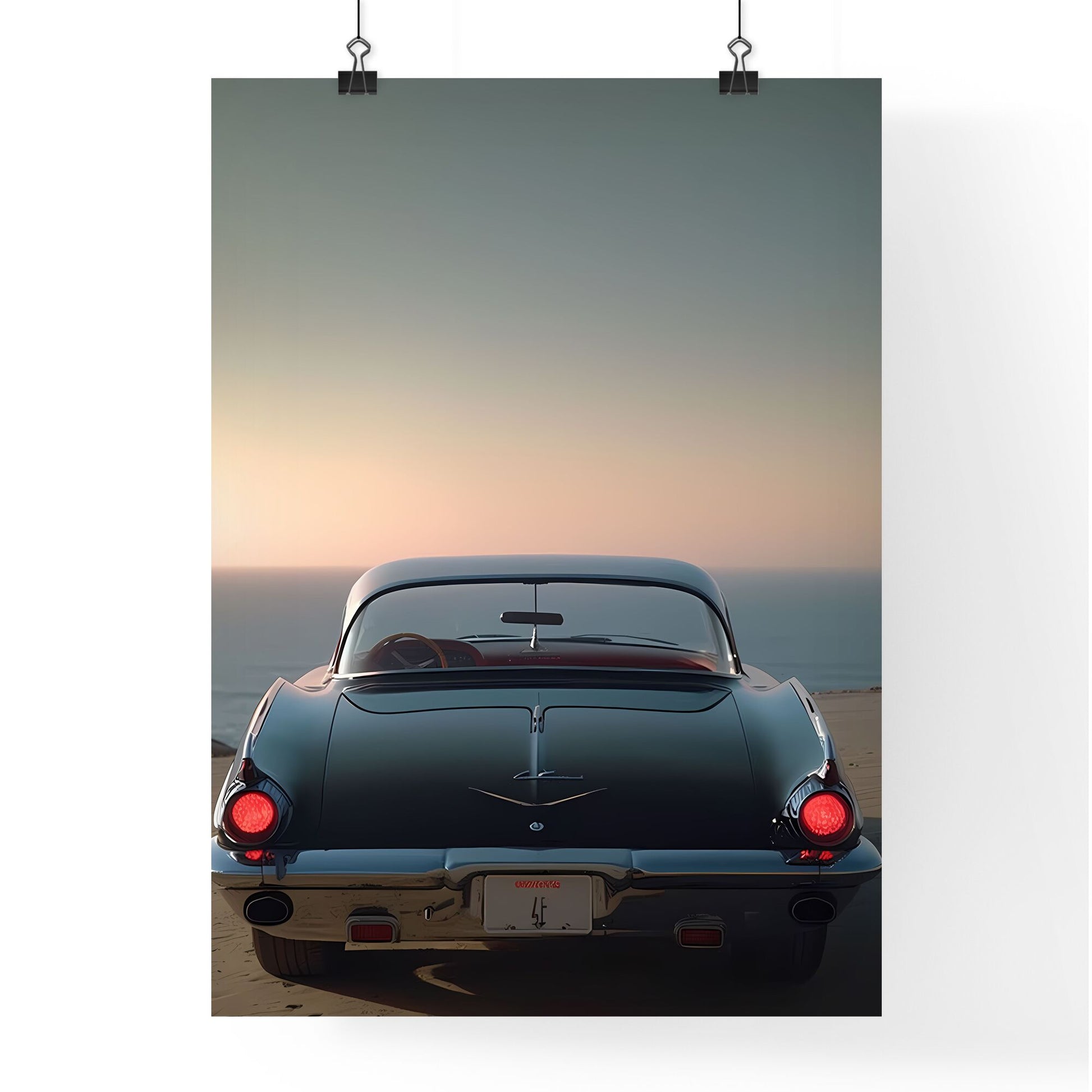 Vibrant Black Classic Automobile Painting on Blue Gradient Sky with Beachfront Focus Default Title