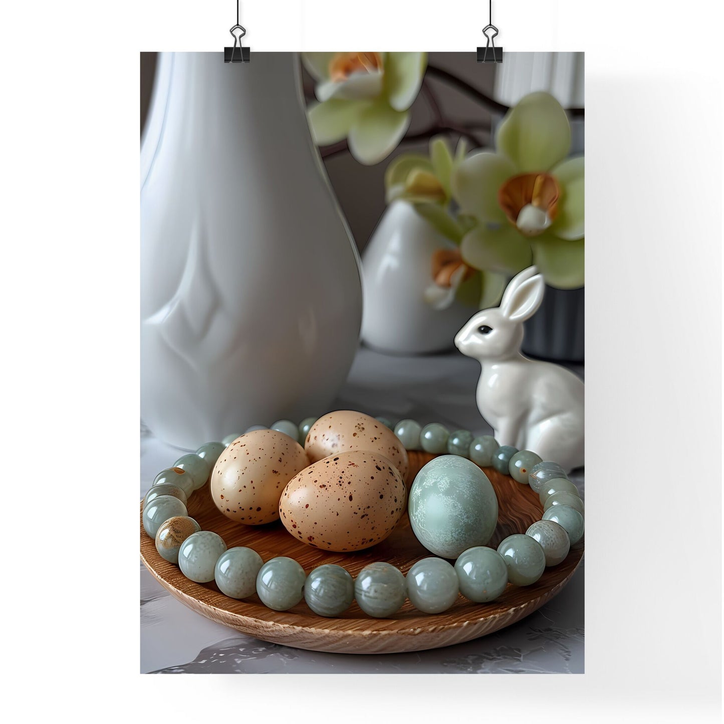 Artful Easter Still Life: Hand-Painted Bunny Figurine, Glass Bangle, Pastel Eggs Default Title