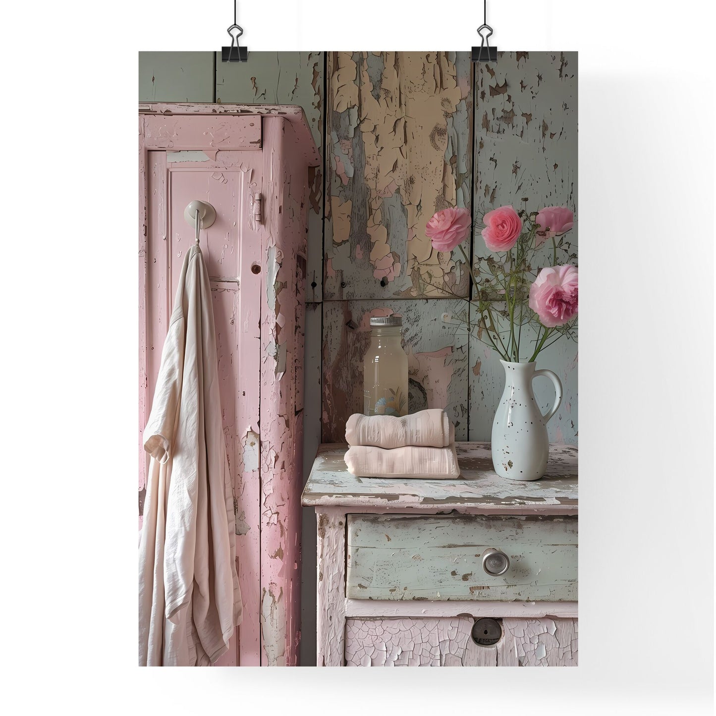 Pale Pink Vintage Bathroom Cabinet Floral Artwork White Vase Painting Distressed Shabby Chic Soft Lighting Neutral Tones Abstract Minimalistic Default Title