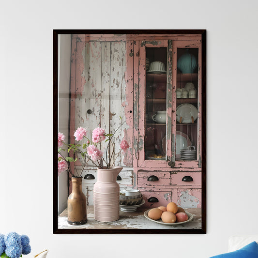 Shabby Chic Painted Pink Kitchen Cabinets with Light Brown Peeling Paint, Neutral Tones, Vibrant Painting, Pink Vase, Flowers, Eggs, Realistic Photography Default Title