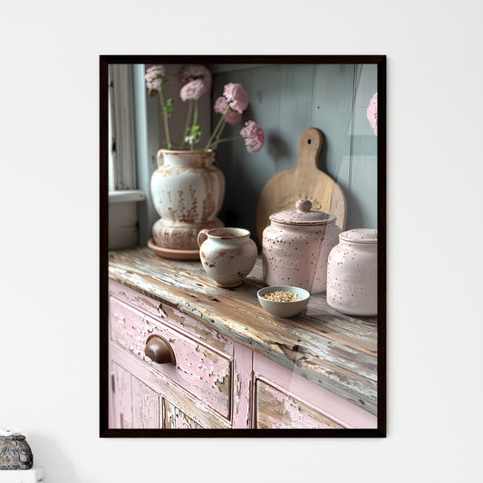 Shabby Chic Pink Kitchen Cupboards Brown Peeling Paint Neutral Tones Counter Vases Bowls Painting Art Default Title