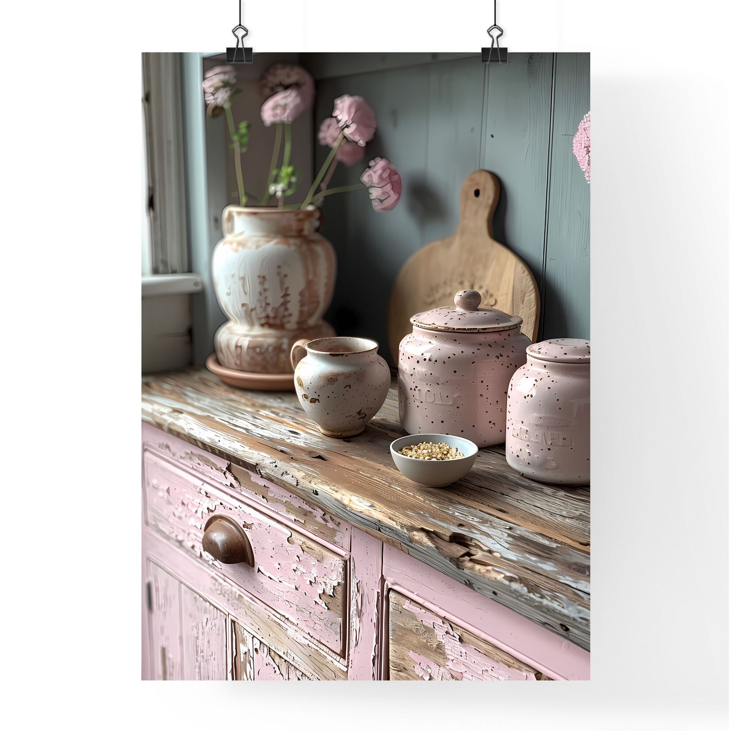 Shabby Chic Pink Kitchen Cupboards Brown Peeling Paint Neutral Tones Counter Vases Bowls Painting Art Default Title