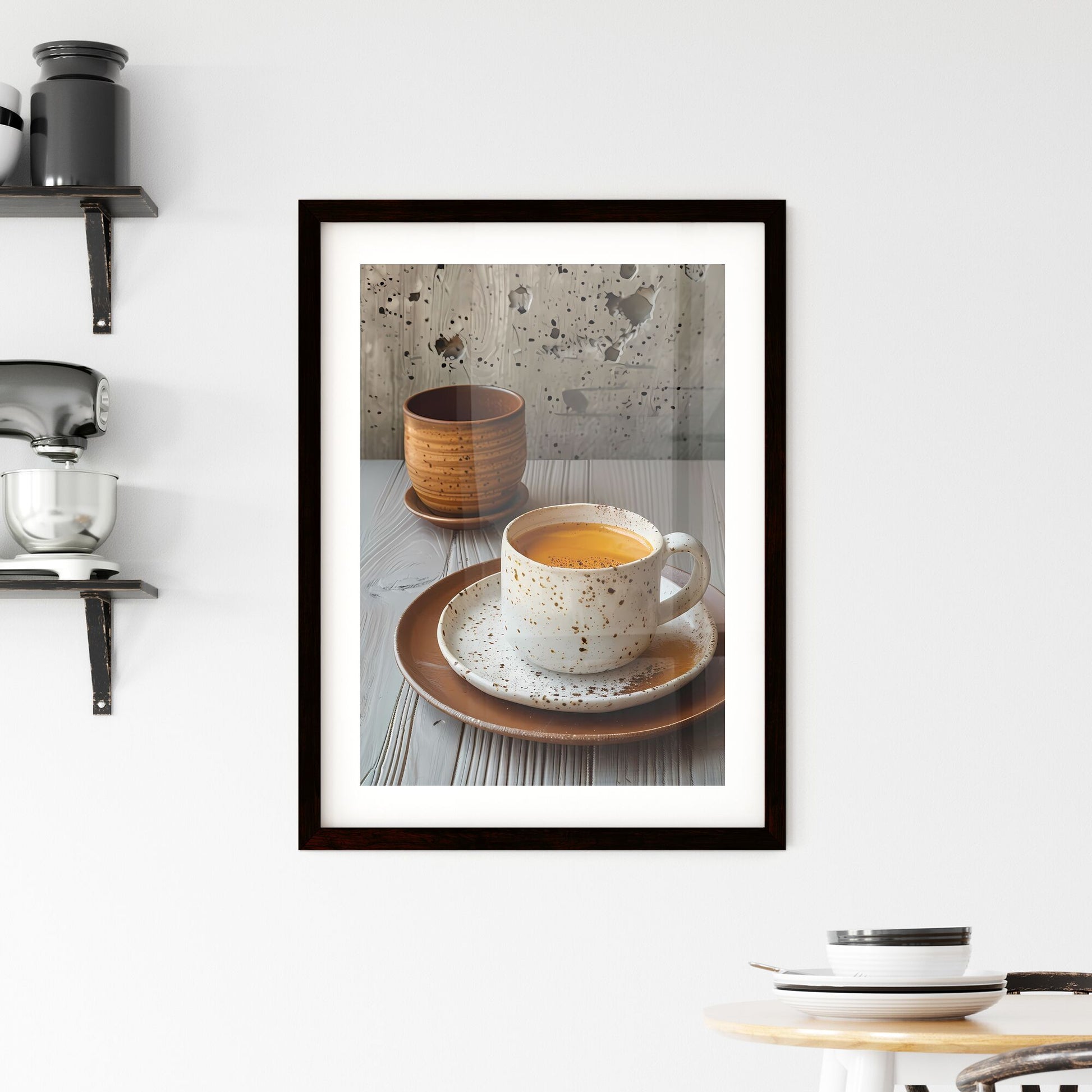 Artfully Arranged Minimalist Coffee Mug and Plates in Neo-Concrete Style, Featuring Vibrant Drugcore Elements and Provia Hyper-Realistic Water Default Title