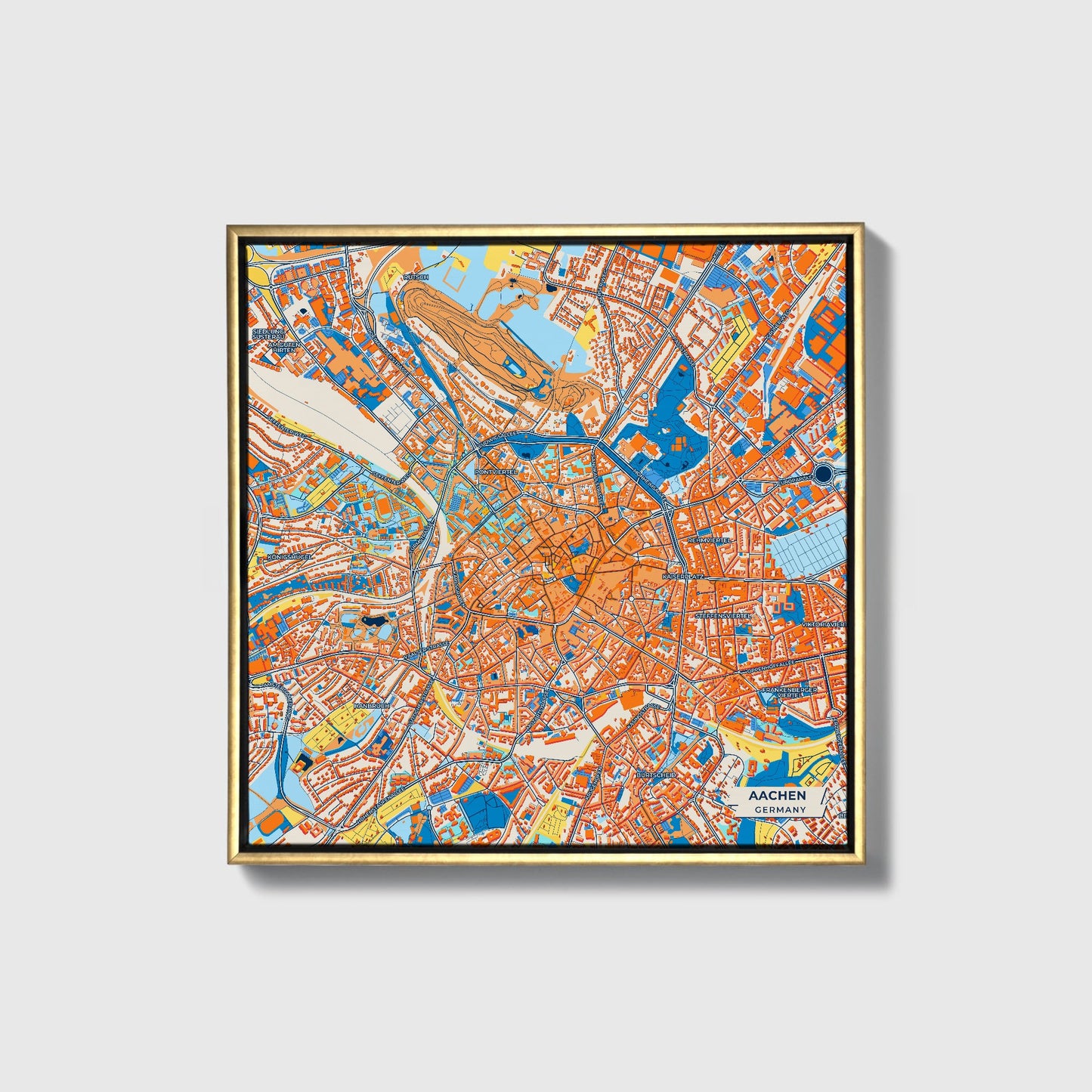 Aachen Germany Colorful City Map Canvas Print • Gold Framed