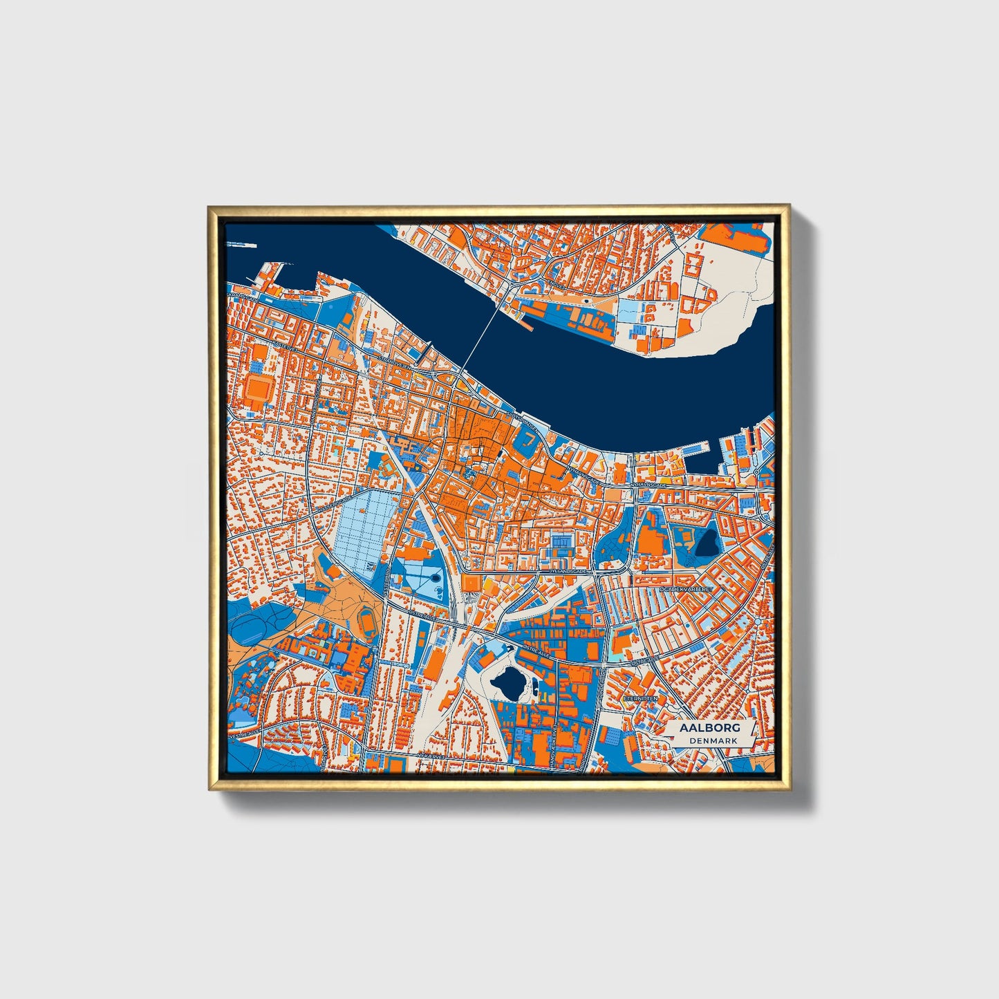 Aalborg Denmark Colorful City Map Canvas Print • Gold Framed