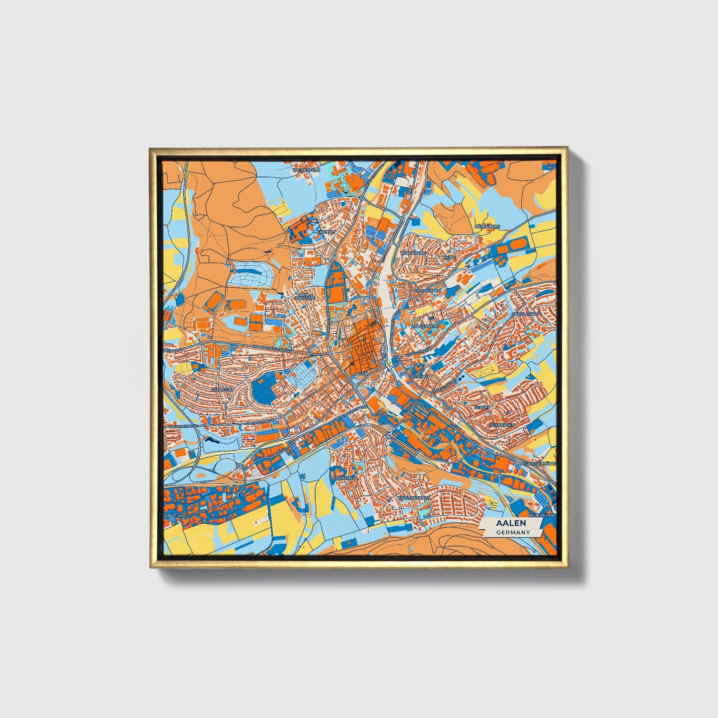 Aalen Germany Colorful City Map Canvas Print • Gold Framed