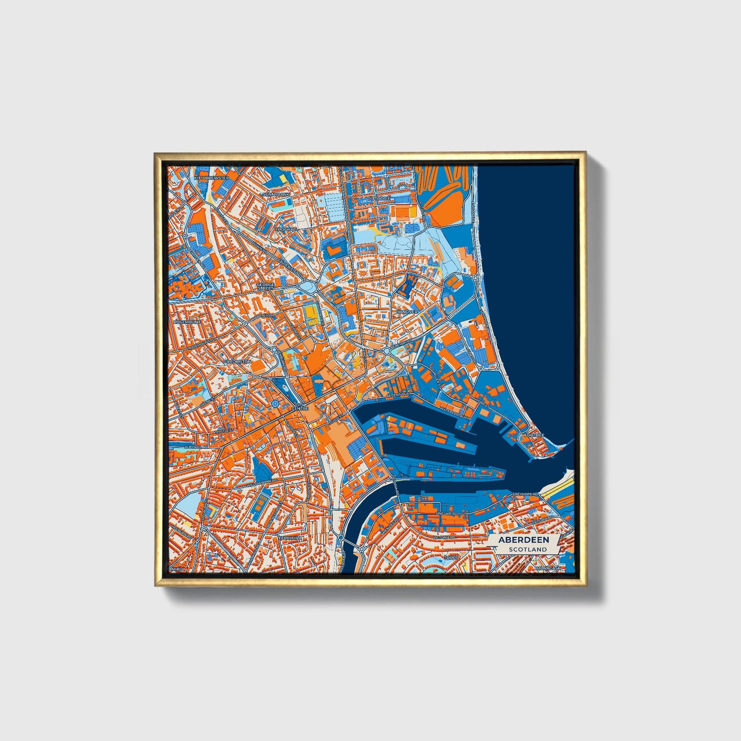 Aberdeen Scotland Colorful City Map Canvas Print • Gold Framed