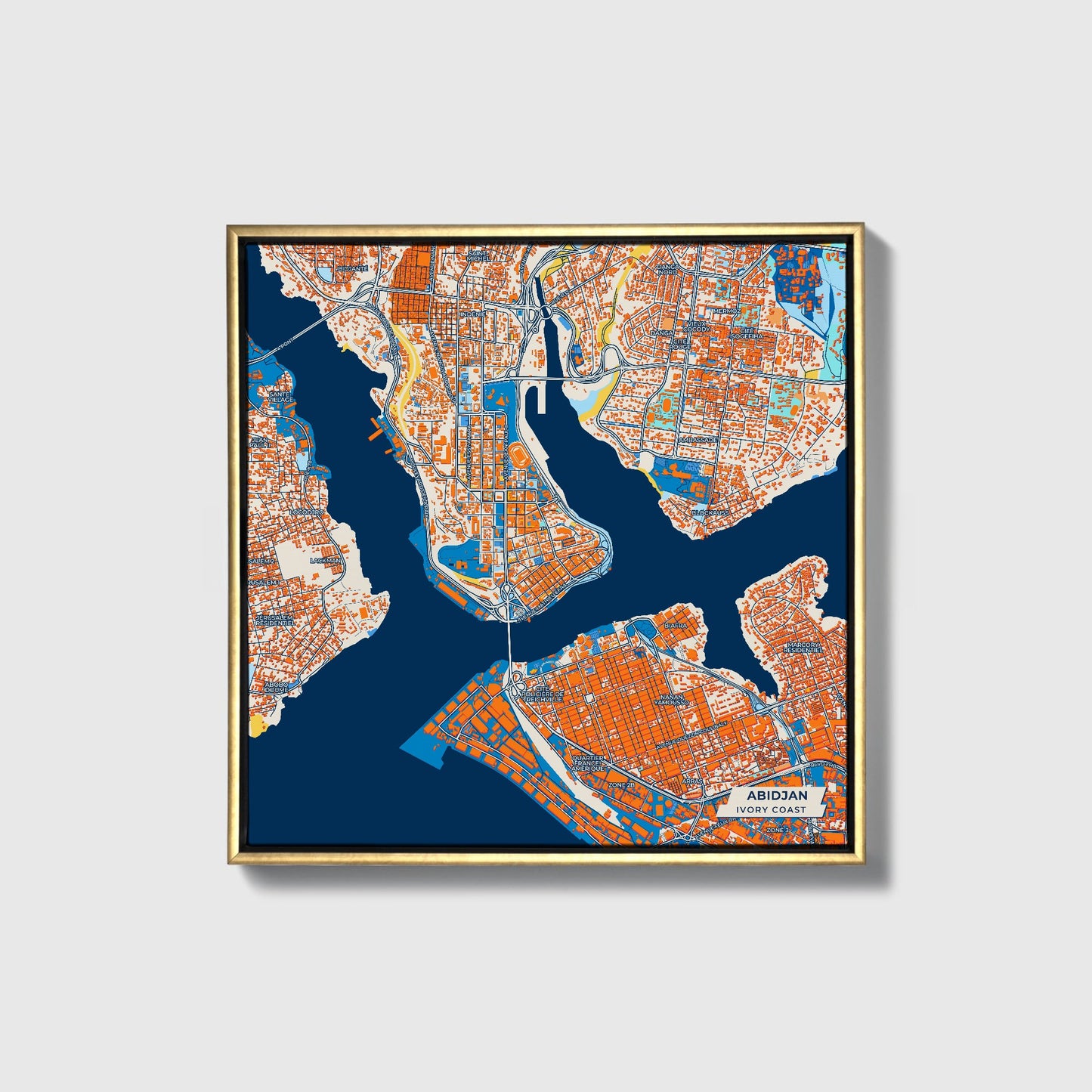 Abidjan Ivory Coast Colorful City Map Canvas Print • Gold Framed