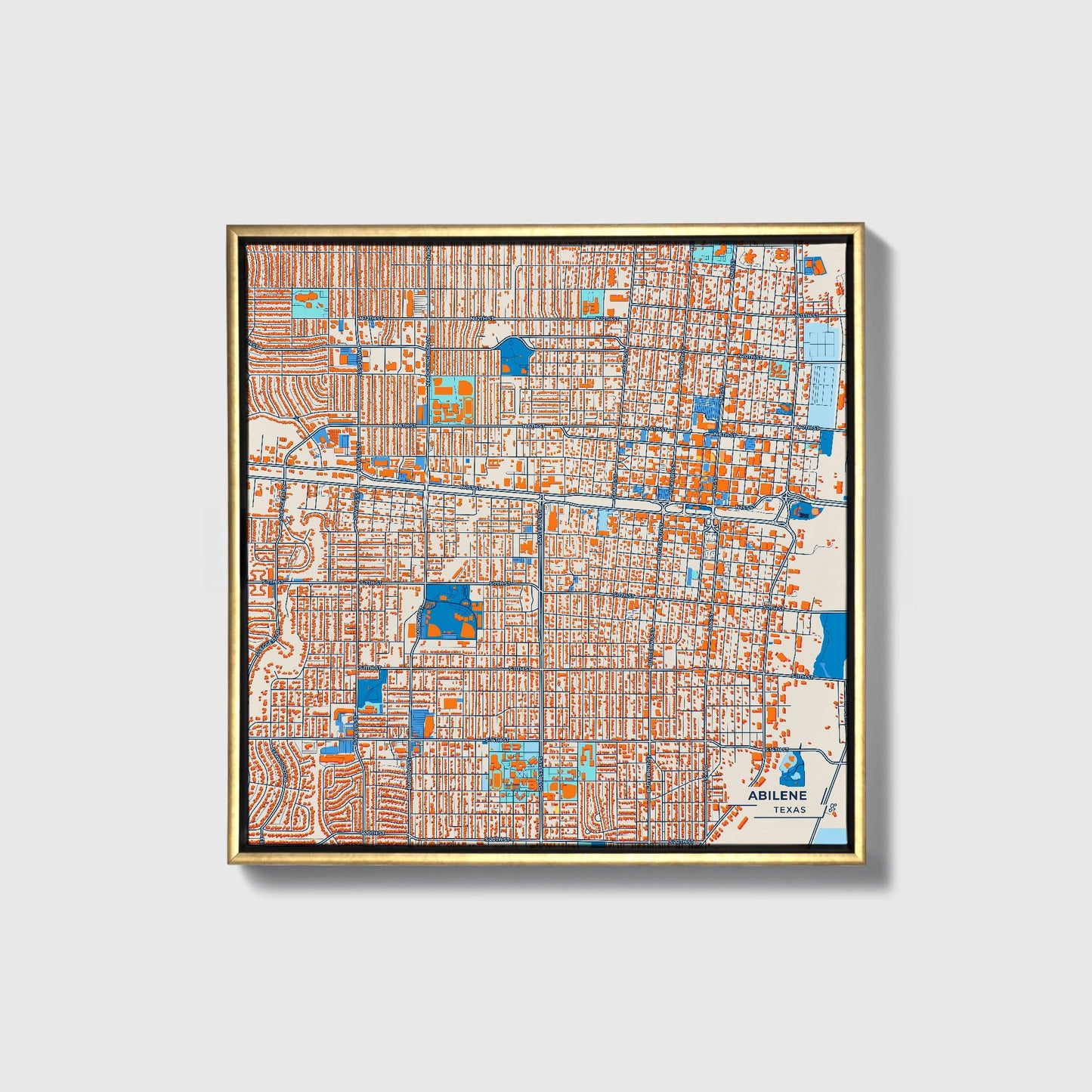 Abilene Texas Colorful City Map Canvas Print • Gold Framed