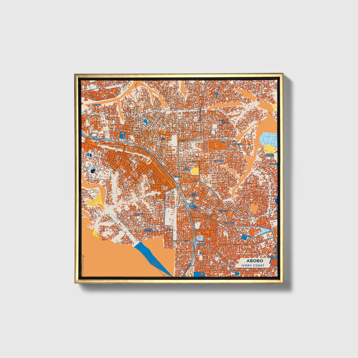 Abobo Ivory Coast Colorful City Map Canvas Print • Gold Framed