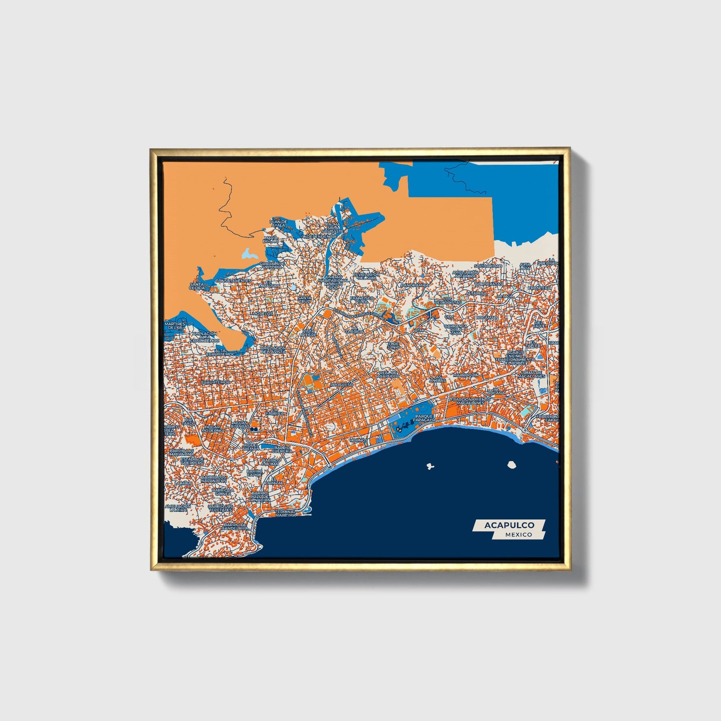Acapulco Mexico Colorful City Map Canvas Print • Gold Framed