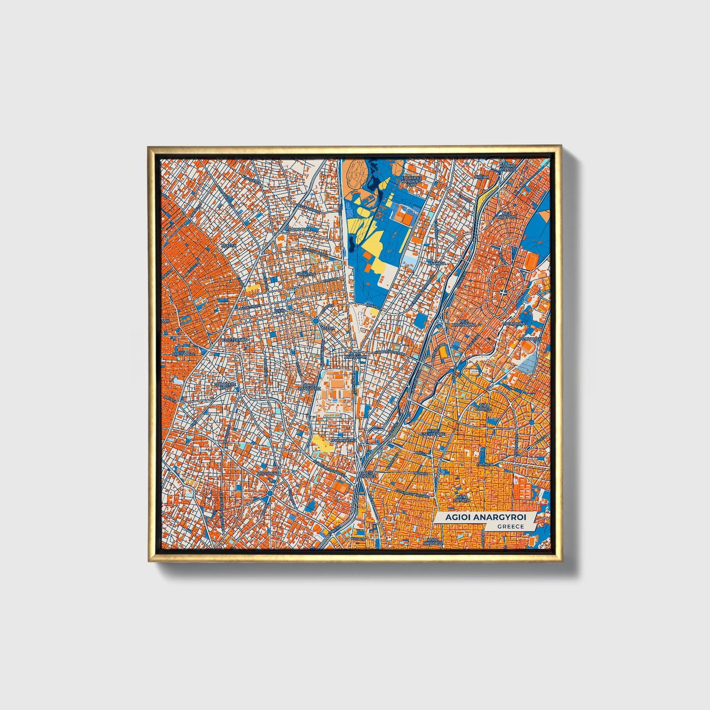 Αγιοι Αναργυροι Greece Colorful City Map Canvas Print • Gold Framed