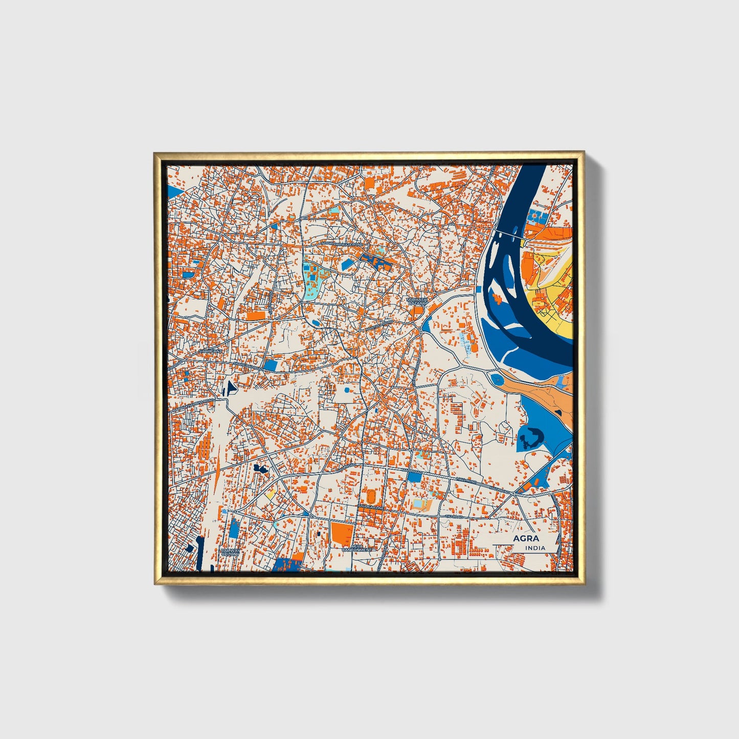 Agra India Colorful City Map Canvas Print • Gold Framed