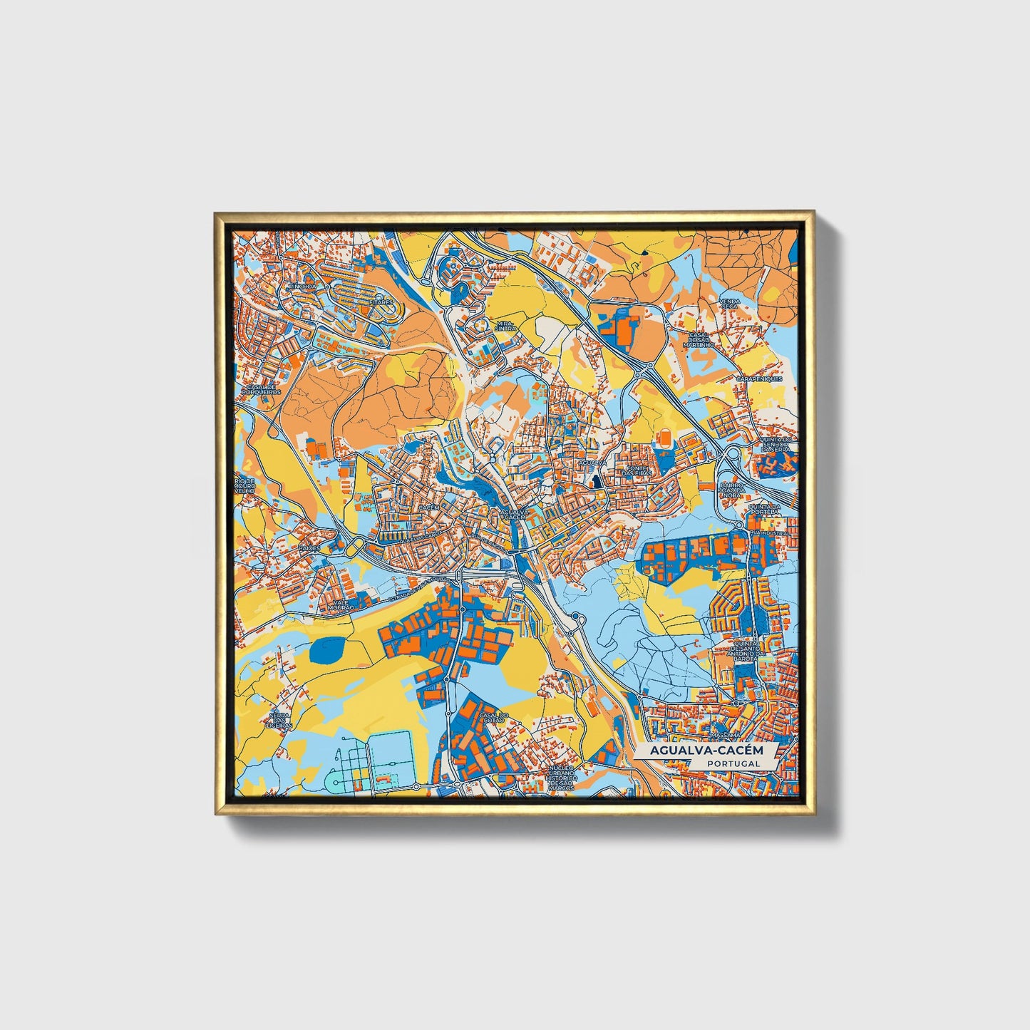 Agualva-Cacém Portugal Colorful City Map Canvas Print • Gold Framed