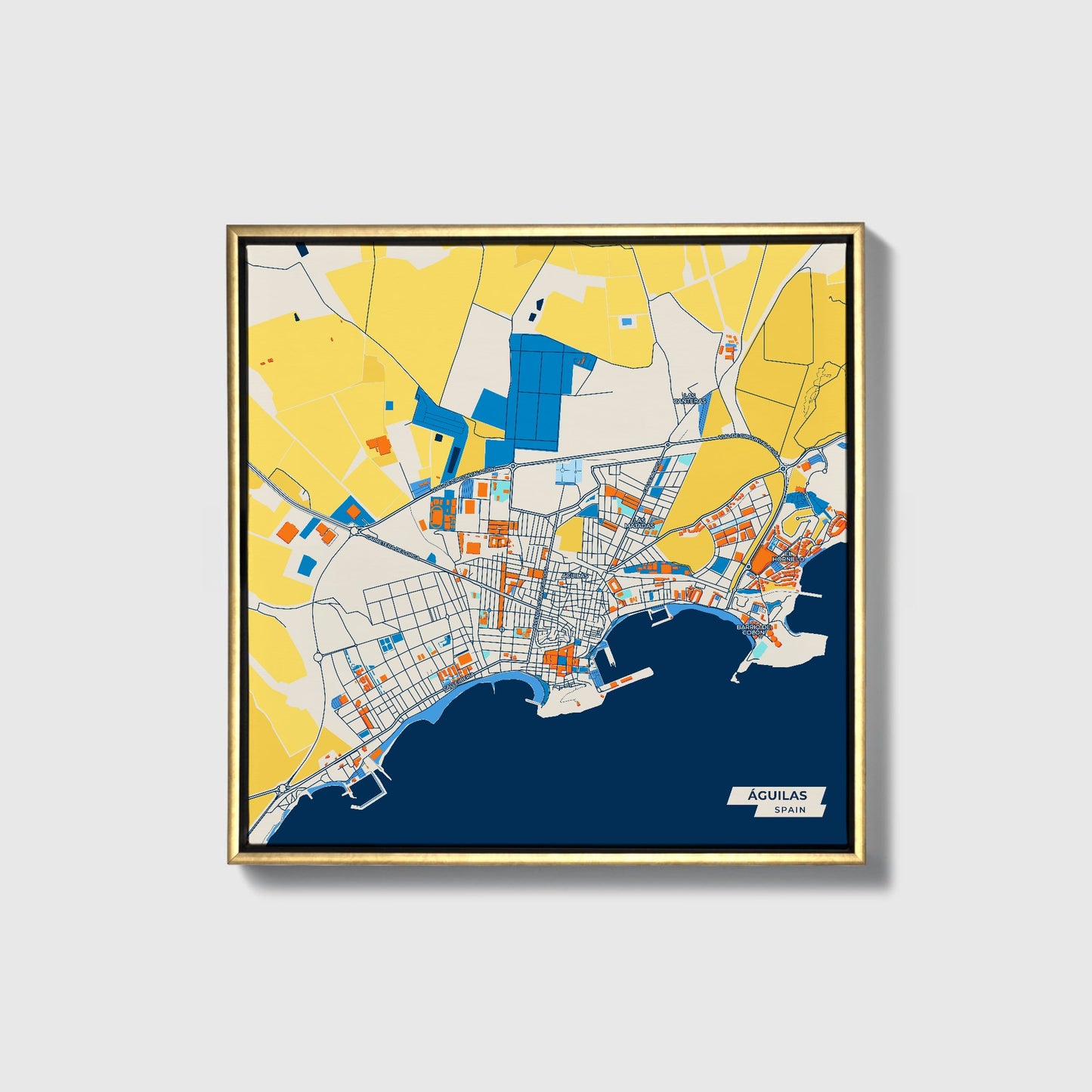 Águilas Spain Colorful City Map Canvas Print • Gold Framed