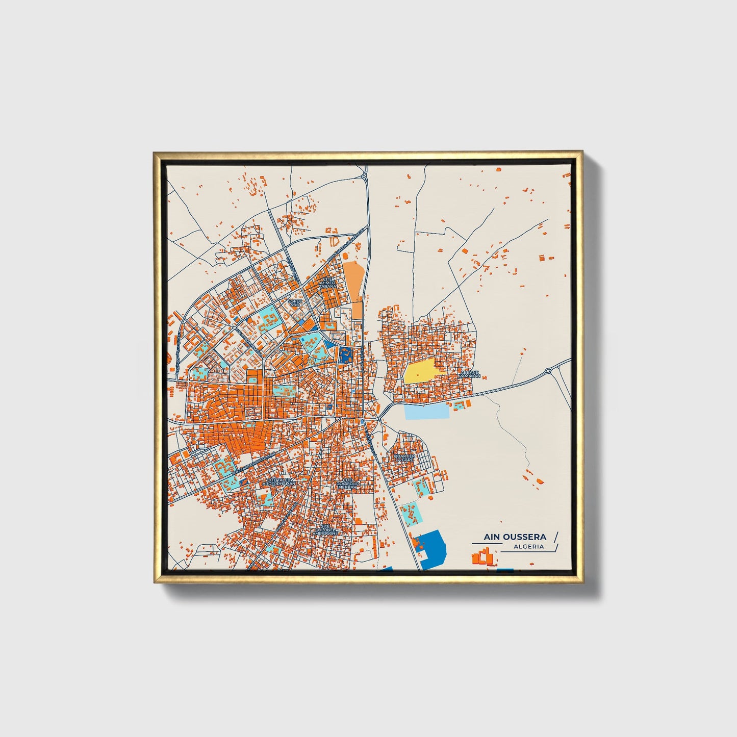 Ain Oussera Algeria Colorful City Map Canvas Print • Gold Framed