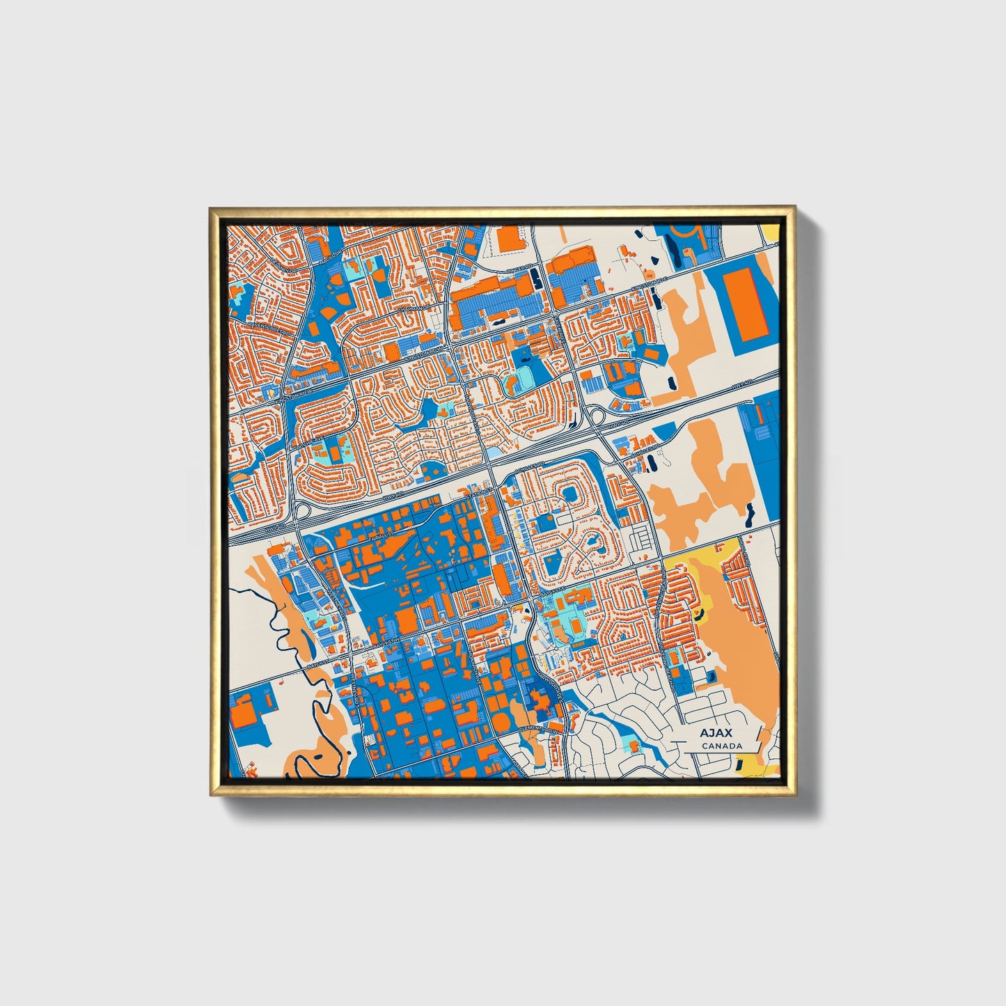 Ajax Canada Colorful City Map Canvas Print • Gold Framed