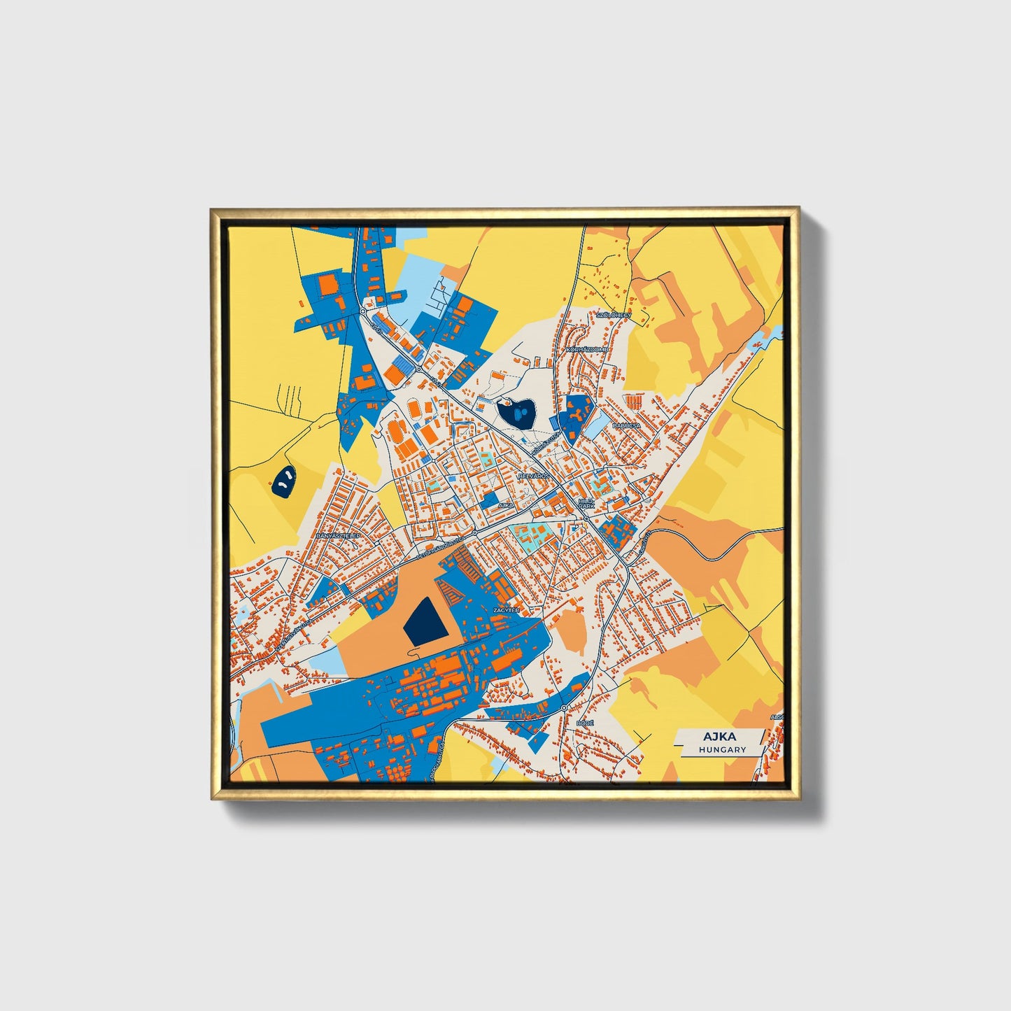 Ajka Hungary Colorful City Map Canvas Print • Gold Framed