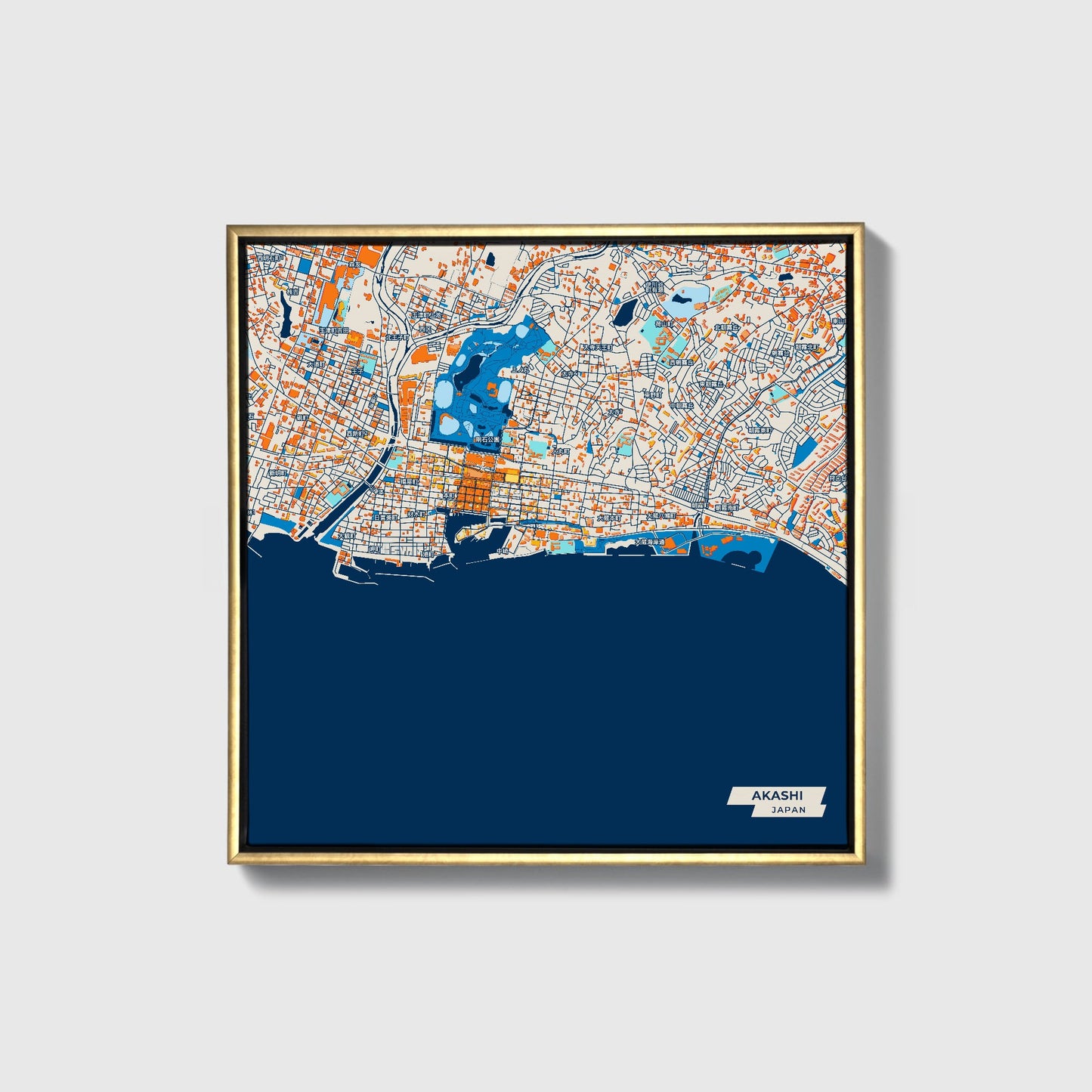 Akashi Japan Colorful City Map Canvas Print • Gold Framed