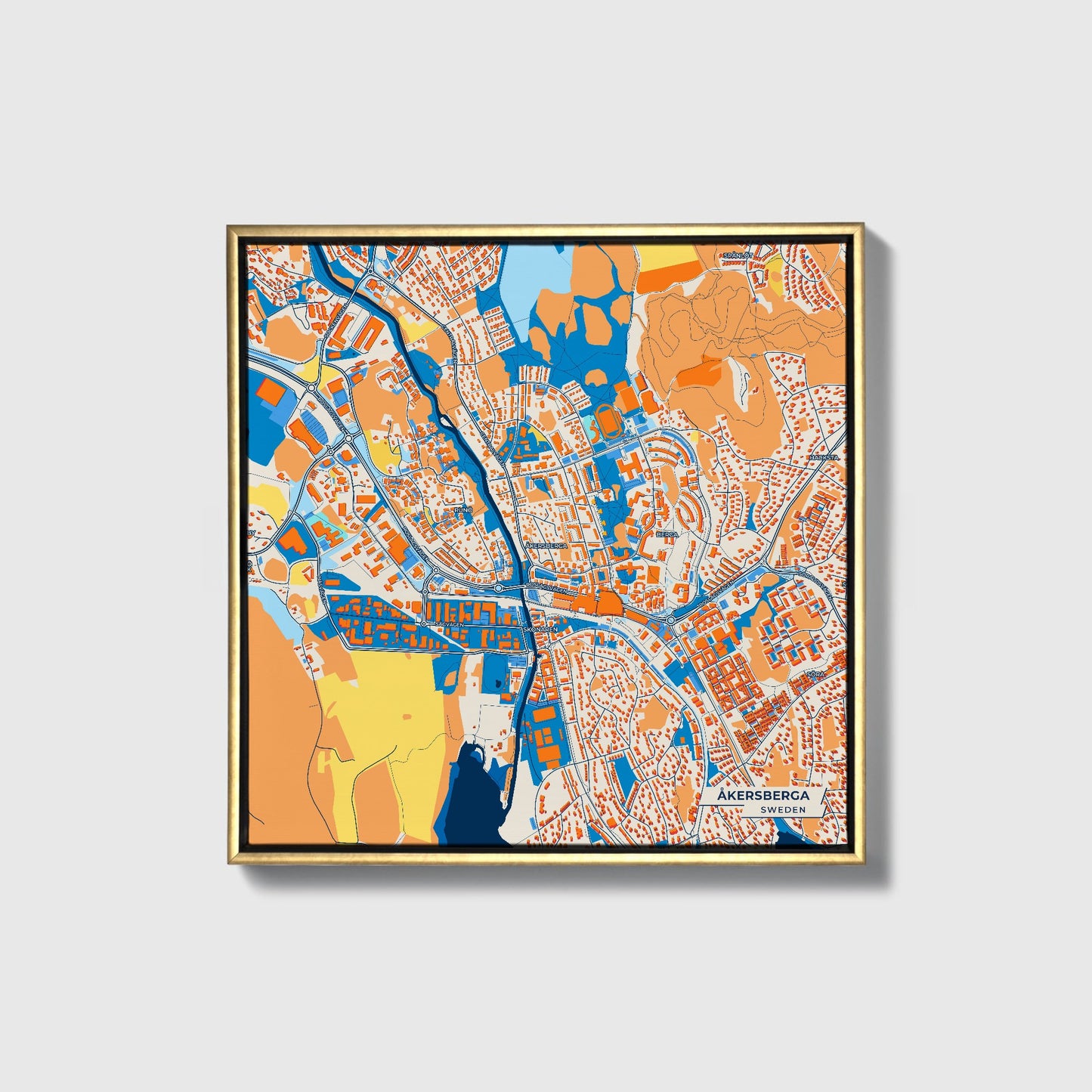 Åkersberga Sweden Colorful City Map Canvas Print • Gold Framed