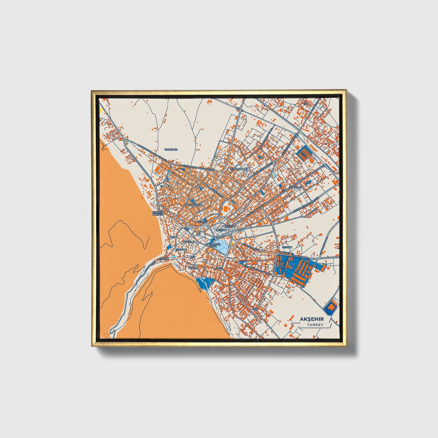 Akşehir Turkey Colorful City Map Canvas Print • Gold Framed