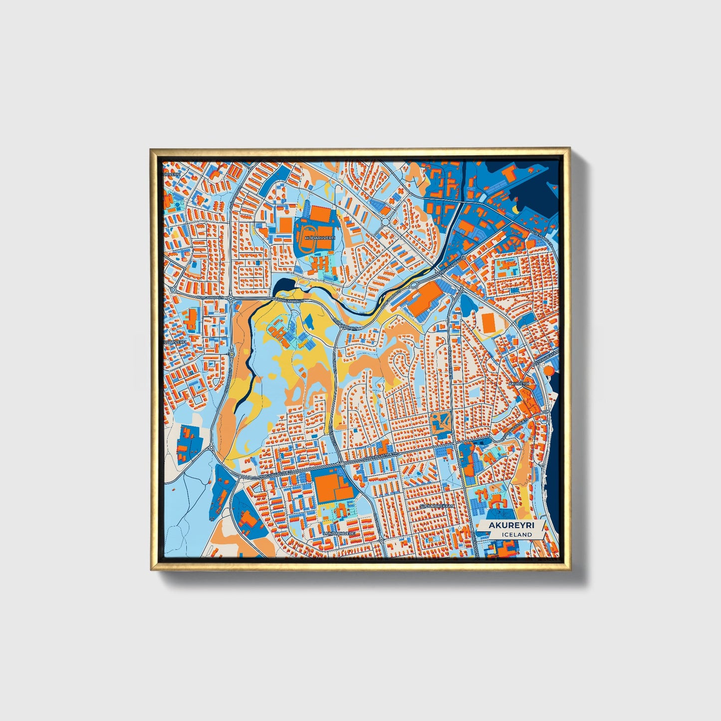 Akureyri Iceland Colorful City Map Canvas Print • Gold Framed