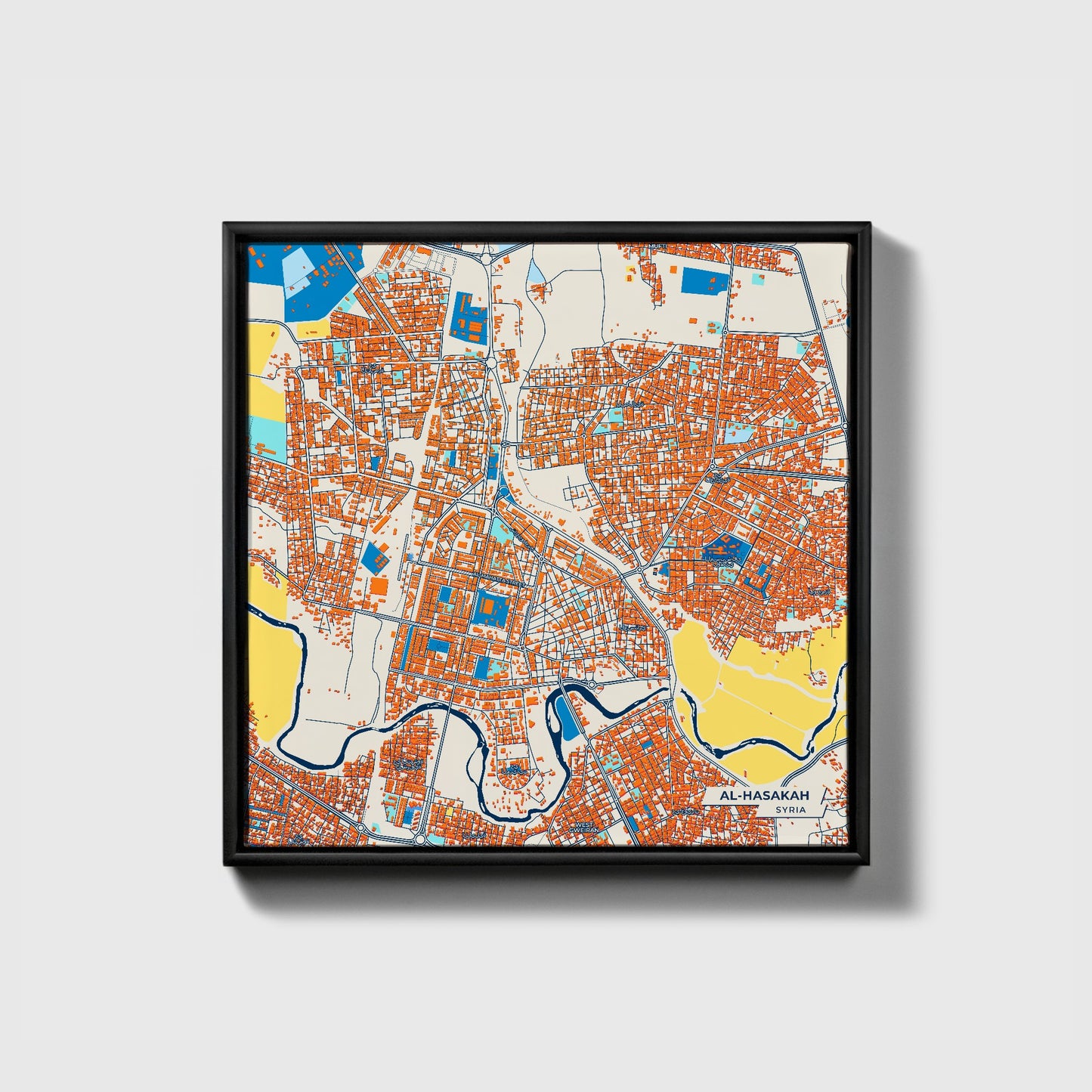 Al-Hasakah Syria Colorful City Map Canvas Print • Black Framed