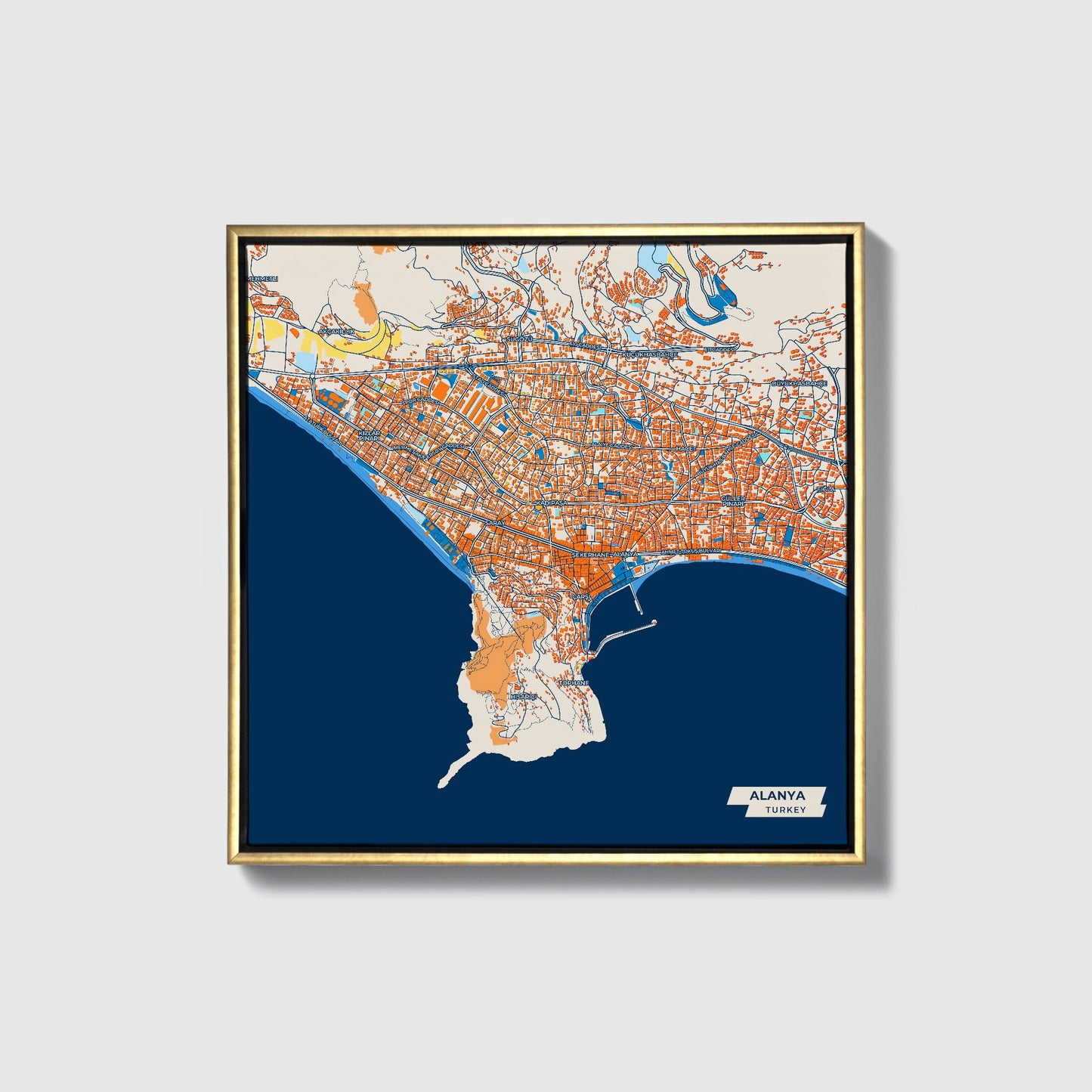 Alanya Turkey Colorful City Map Canvas Print • Gold Framed