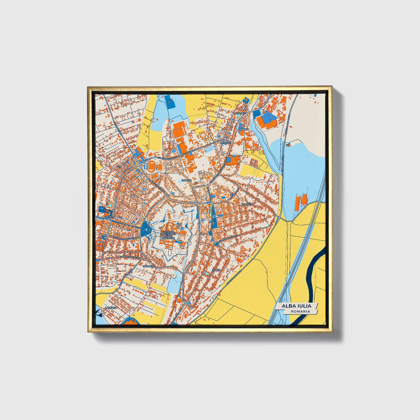 Alba Iulia Romania Colorful City Map Canvas Print • Gold Framed