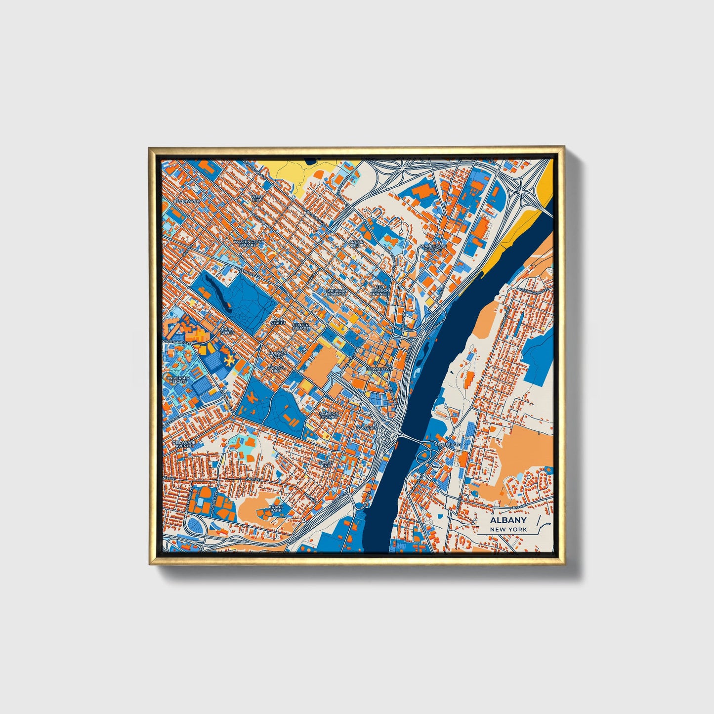 Albany New York Colorful City Map Canvas Print • Gold Framed