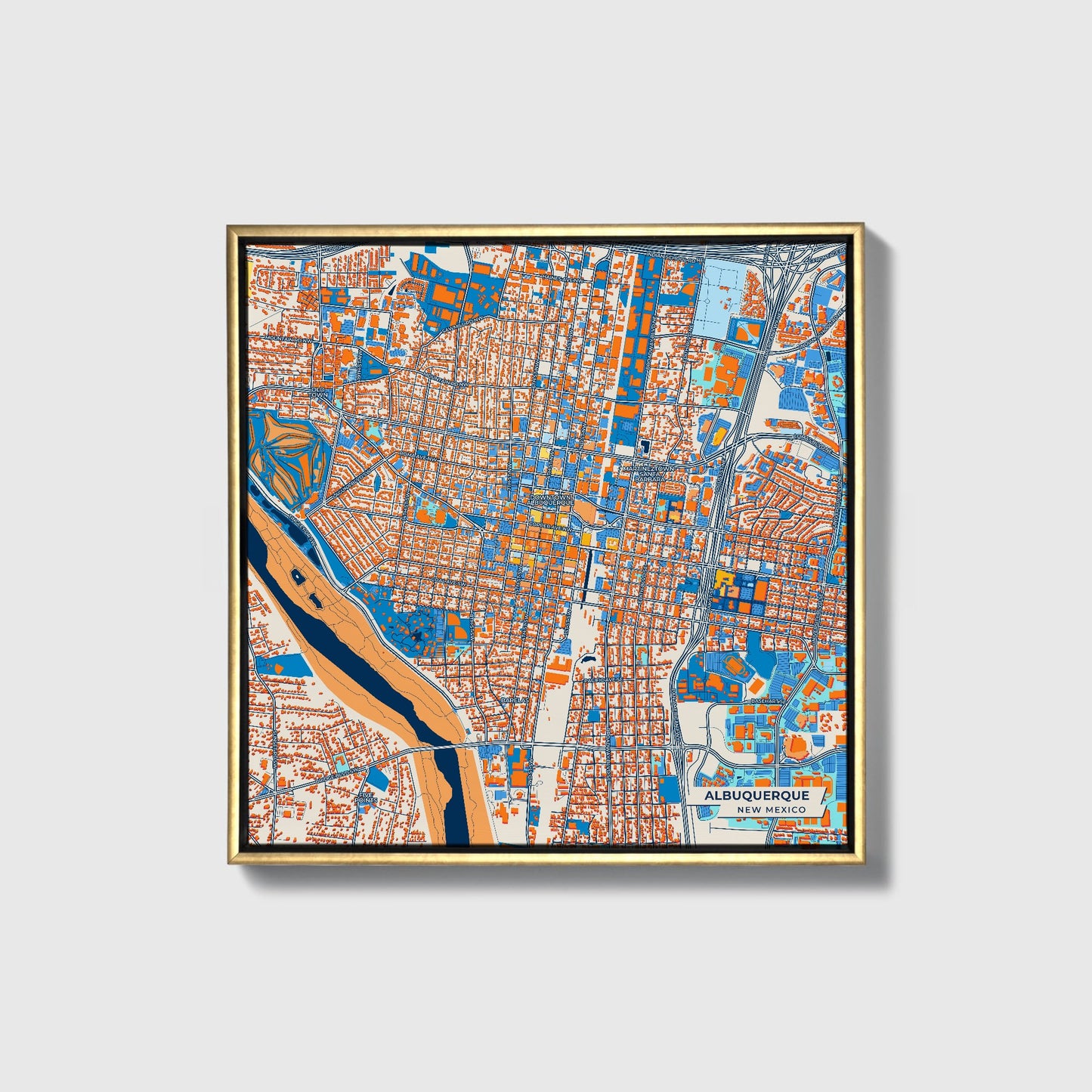 Albuquerque New Mexico Colorful City Map Canvas Print • Gold Framed