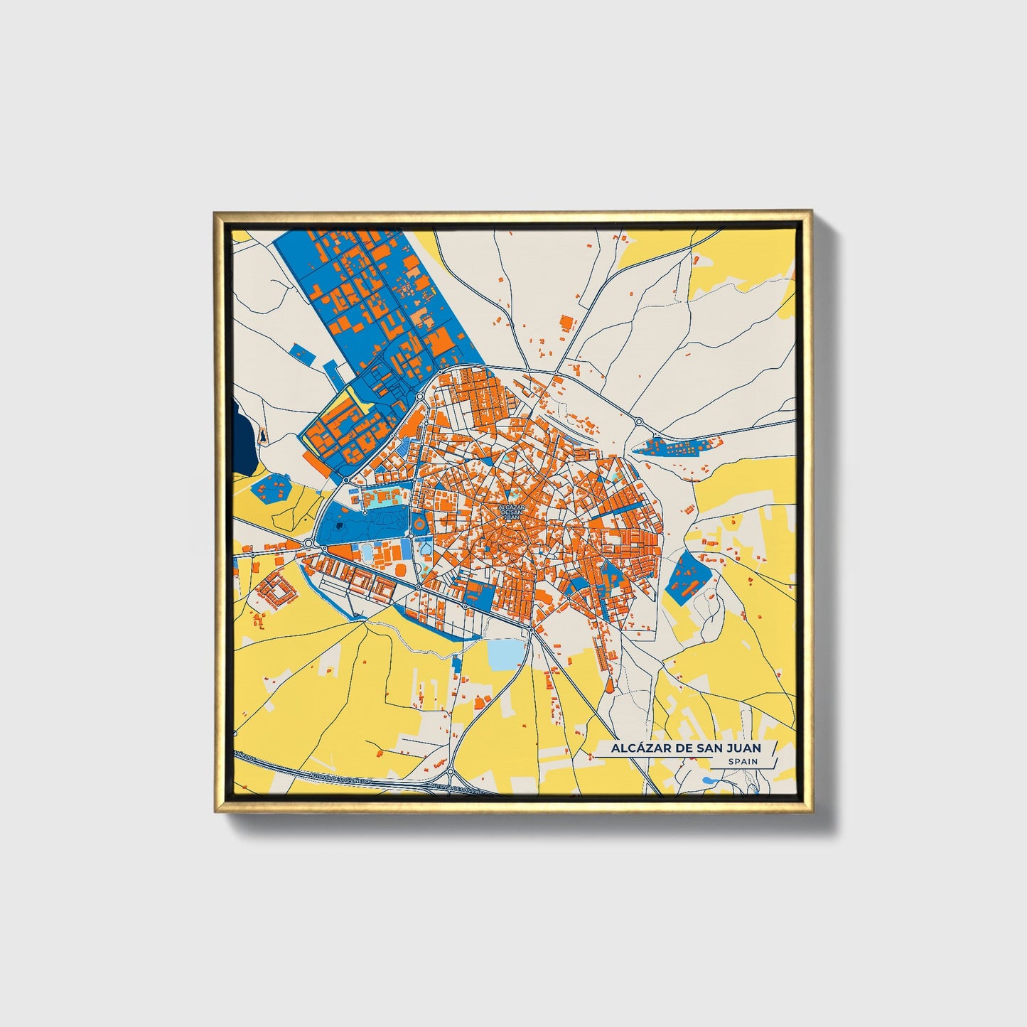 Alcázar De San Juan Spain Colorful City Map Canvas Print • Gold Framed