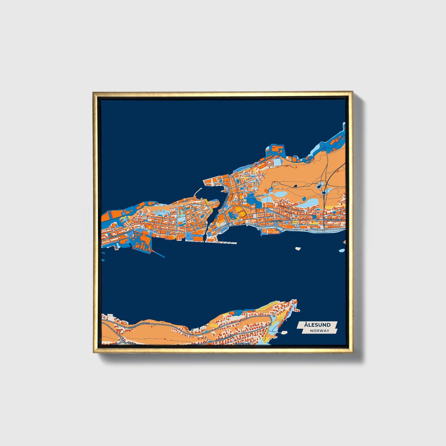 Ålesund Norway Colorful City Map Canvas Print • Gold Framed